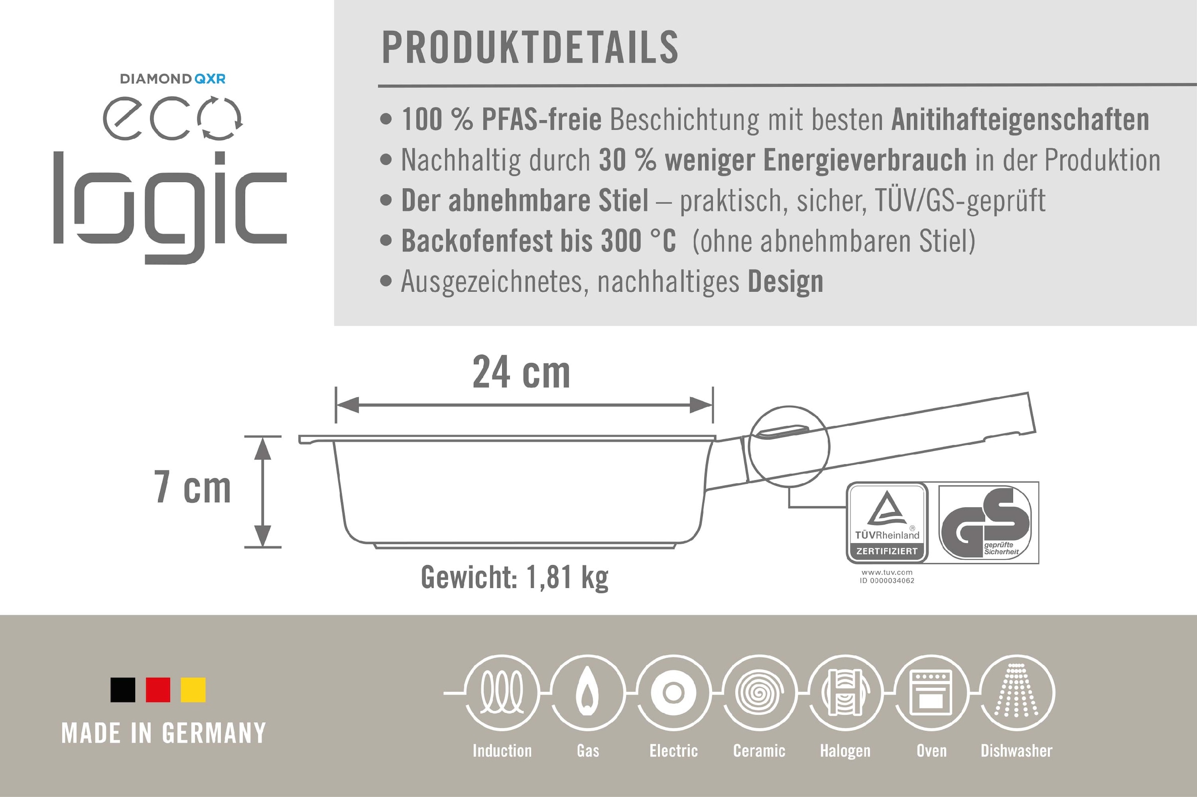 WOLL Schmorpfanne »Eco Logic QXR Guss-Hochrandpfanne«, Aluminiumguss, (1 tlg.), PFAS-freie Diamond-QXR - Beschichtung