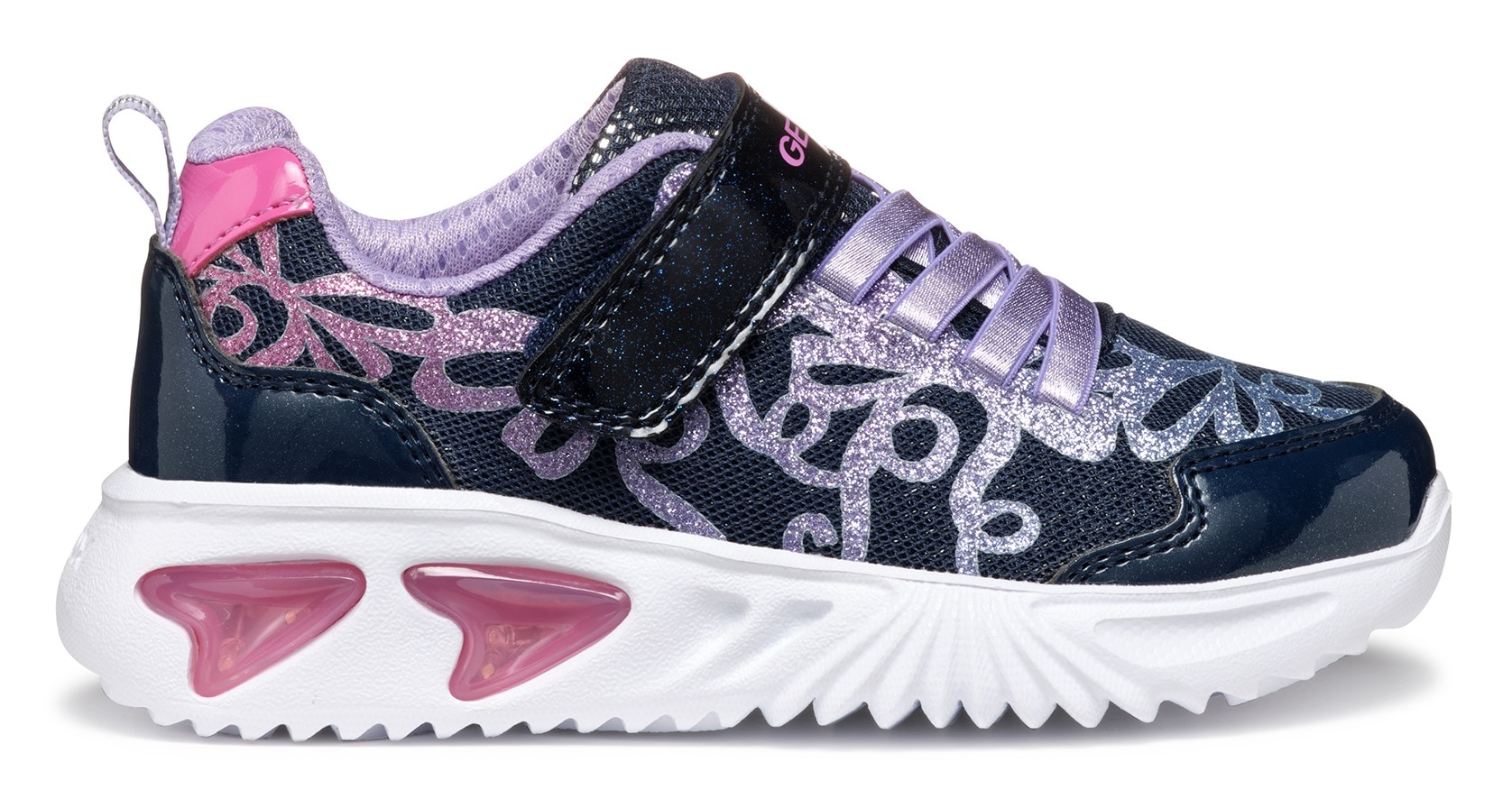 Geox Sneaker »J ASSISTER GIRL Blinkschuh«, Klettschuh mit bunt glitzerndem Schleifchen Muster und Blinkfunktion