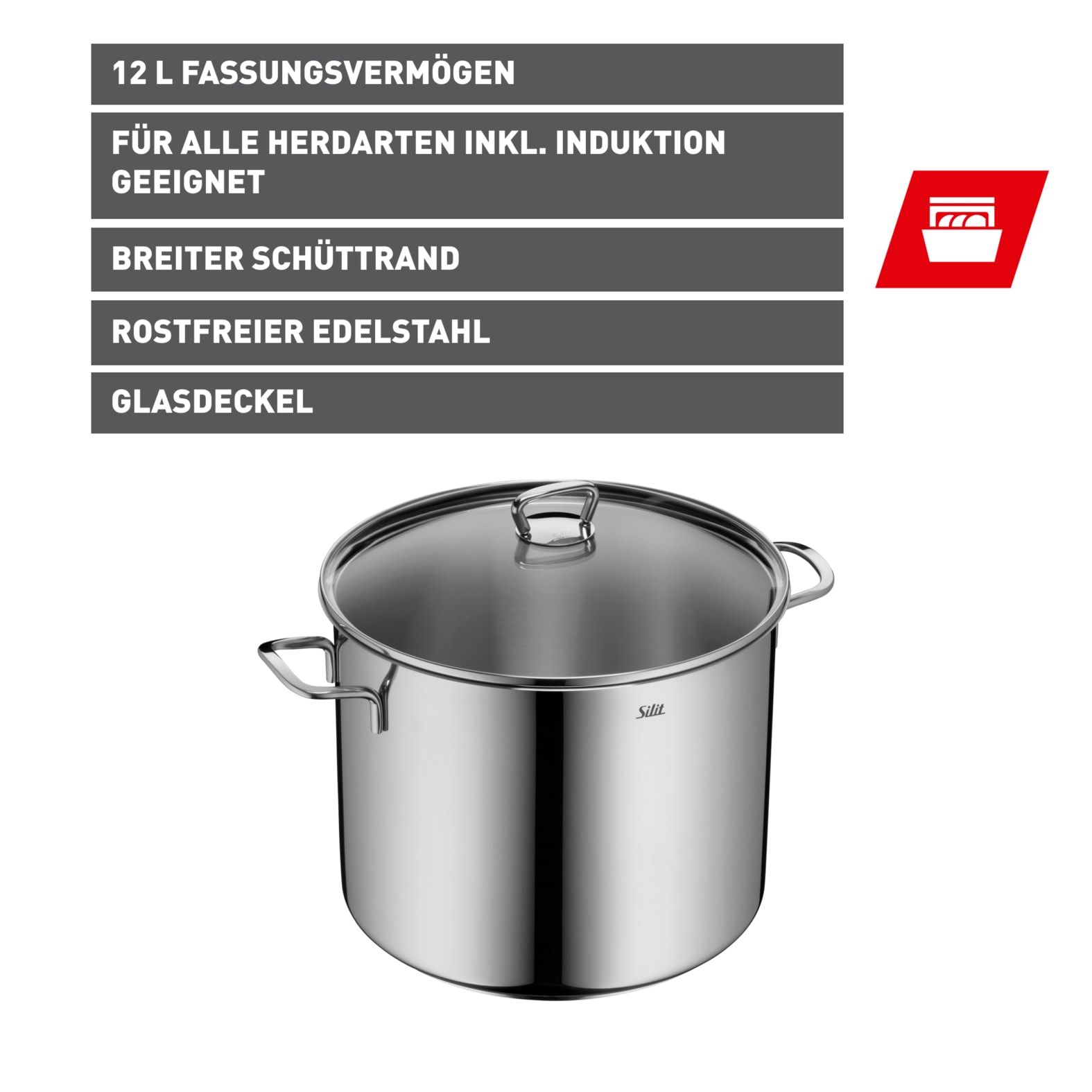 Silit Gemüsetopf »Suppentopf Induktion mit Glasdeckel«, Cromargan® Edelstahl Rostfrei 18/10, (Set, 2 tlg.), für alle Herdarten geeignet, Kochtopf mit extra hohem Rand 12l