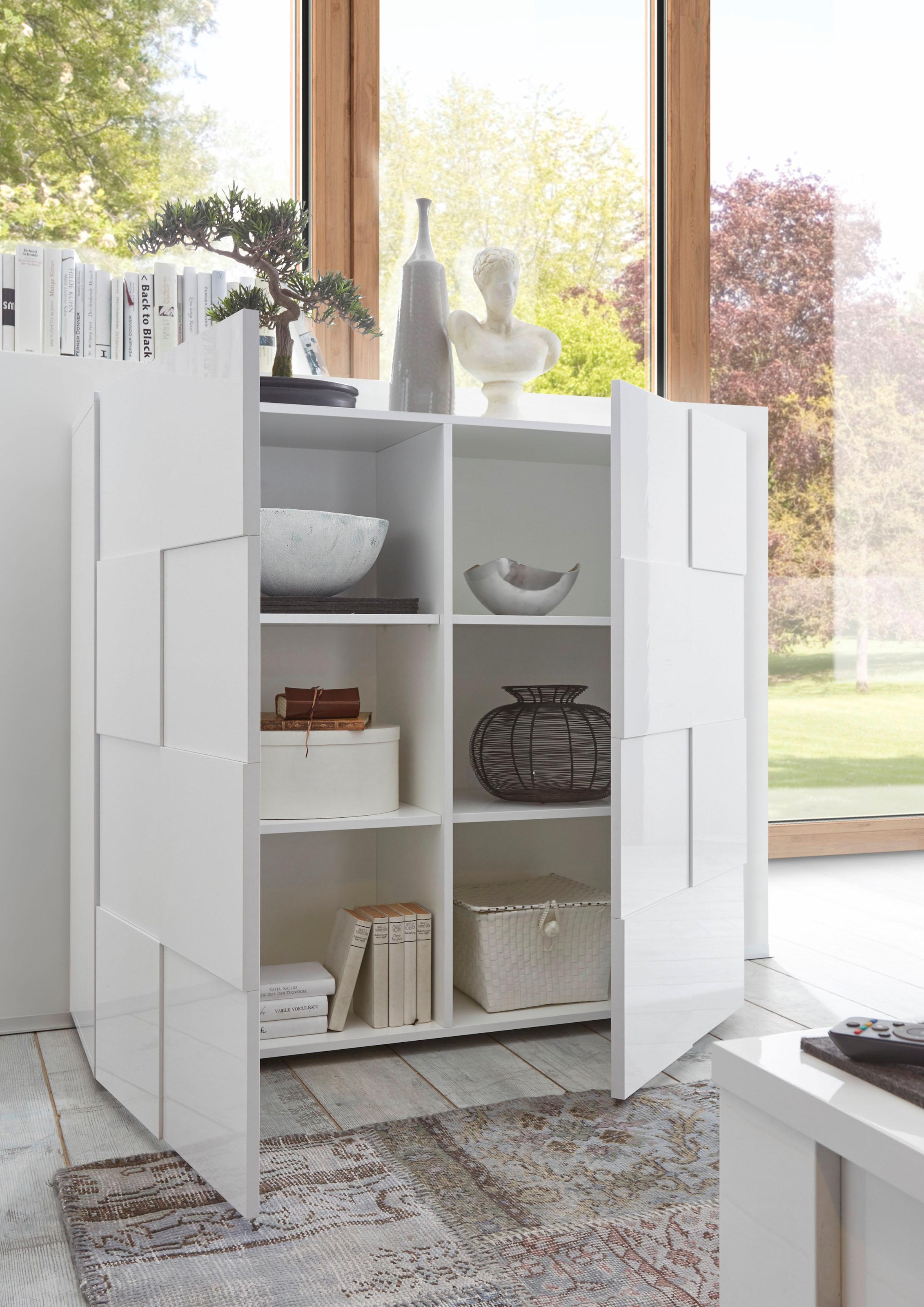 INOSIGN Highboard »Dama Höhe 111 cm, Breite 121 cm, Kommode 2 Türen, Hochkommode«, Front in 3D-Optik, viel Stauraum, verschiedene Farben