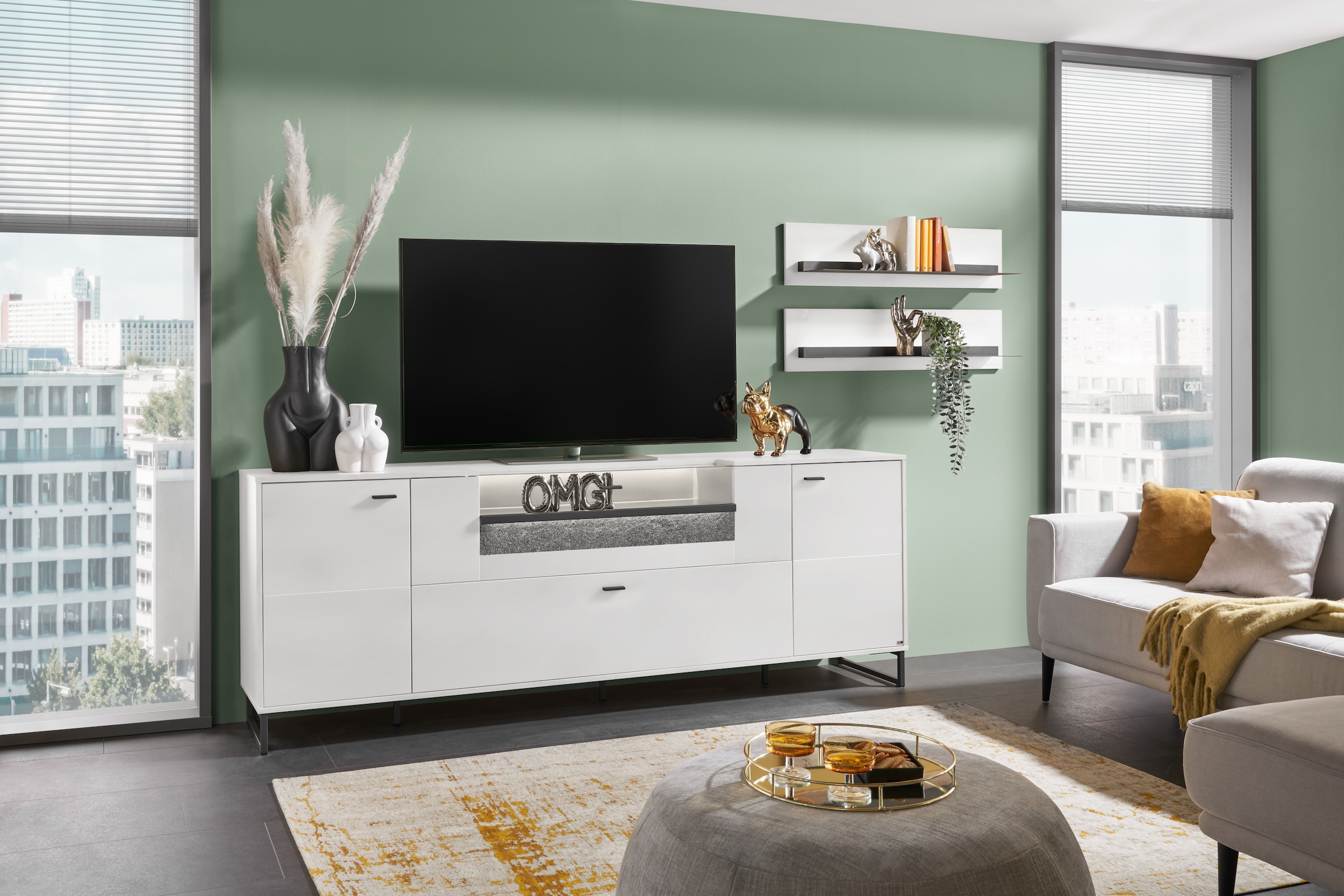 set one by Musterring TV-Schrank »Deltona«, inkl. LED-Beleuchtung, Metallkufe, Sandstein-Zierelement, B229 x H83cm