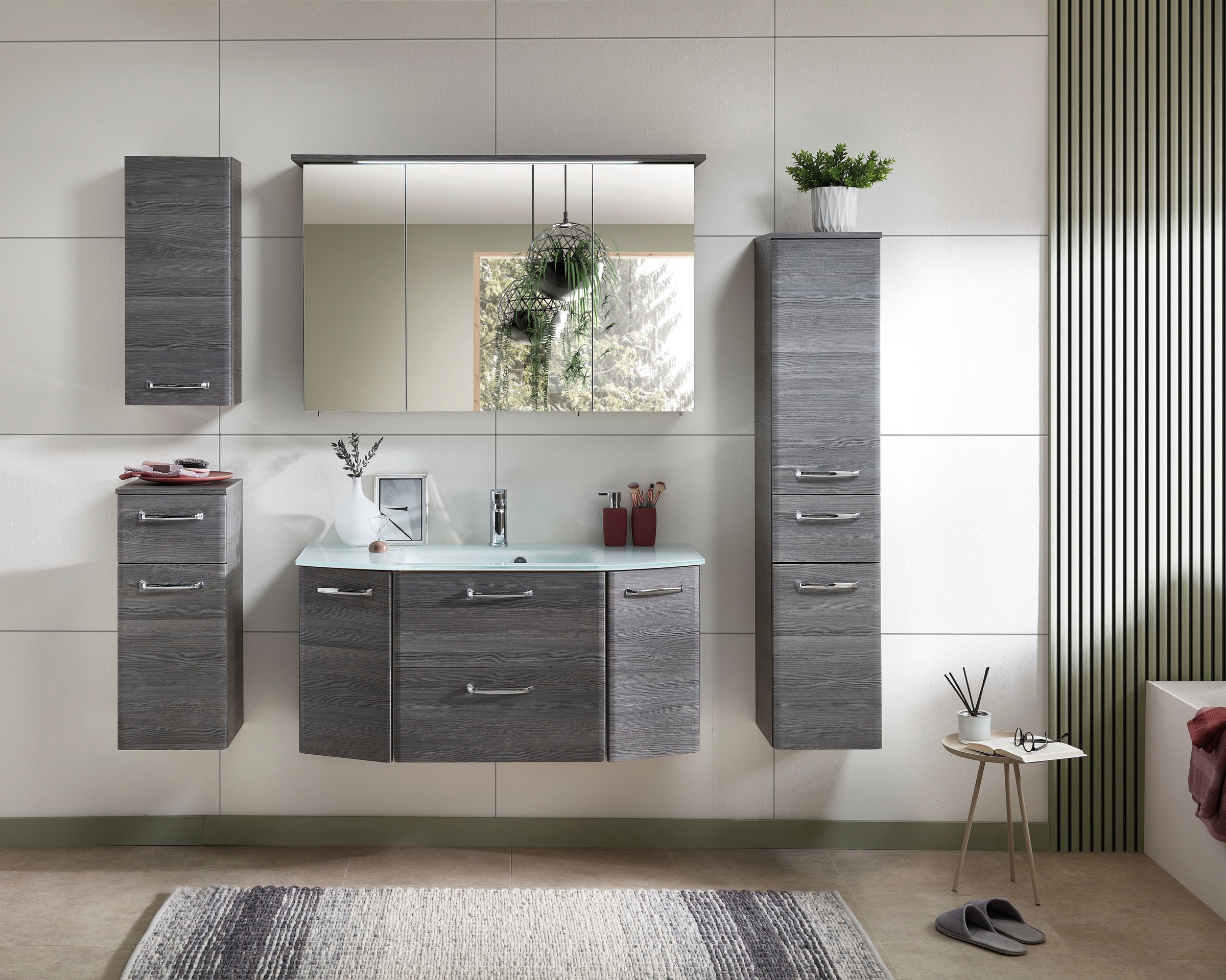 Saphir Badmöbel-Set »Quickset 5-teilig Glas-Waschtisch mit LED-Spiegelschrank, Bad-Set« 6 Stk. tlg.