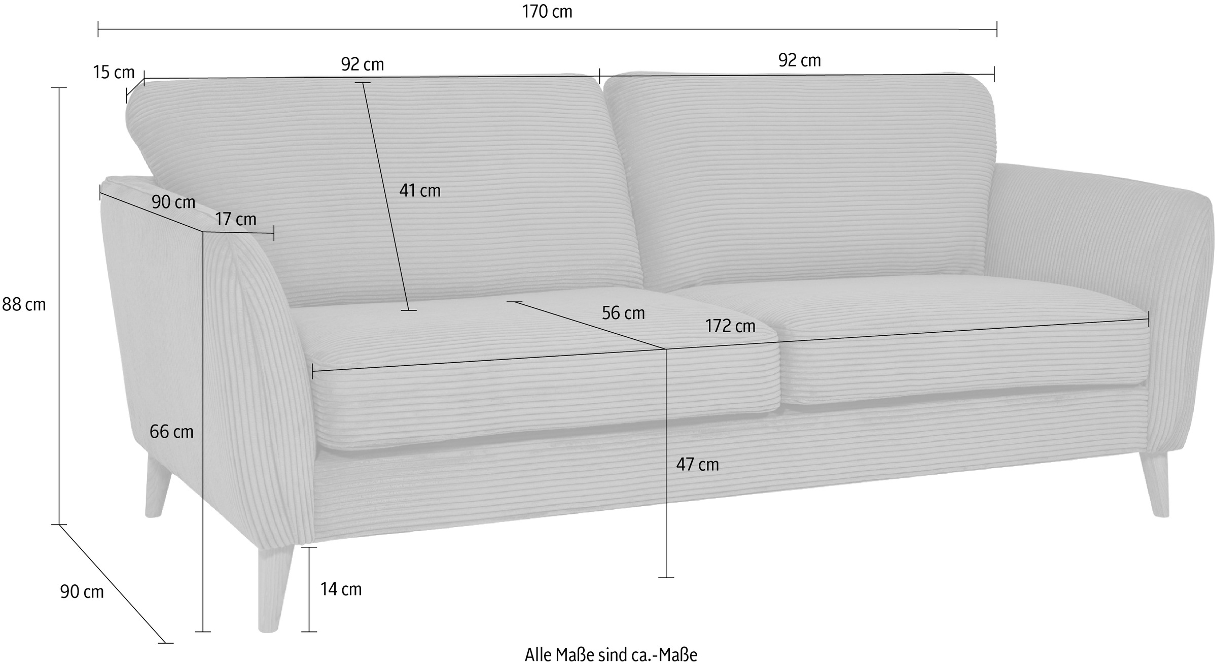 Home affaire 2-Sitzer »MARSEILLE Kompaktsofa 170 cm, Cord, Flachgewebe, Struktur, Webstoff«, Massivholzbeine Eiche, Landhausstil, Wellenunterfederung