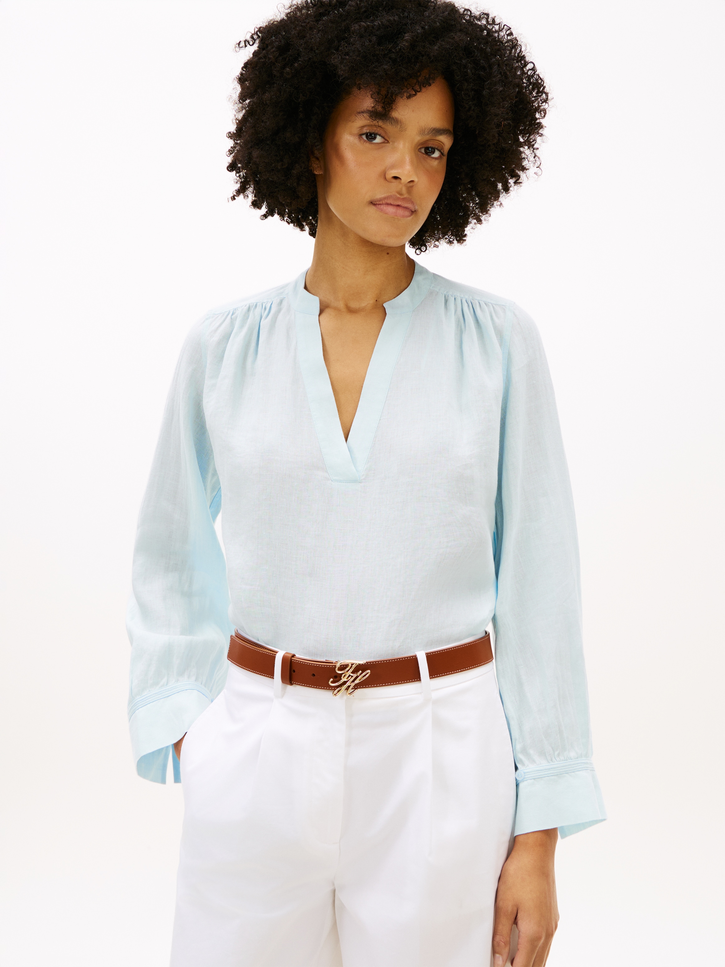Tommy Hilfiger Langarmbluse »ESSENTIAL LINEN V-NECK LONGSLEEVE BLOUSE« mit gerafften Schultern, Relaxed Fit