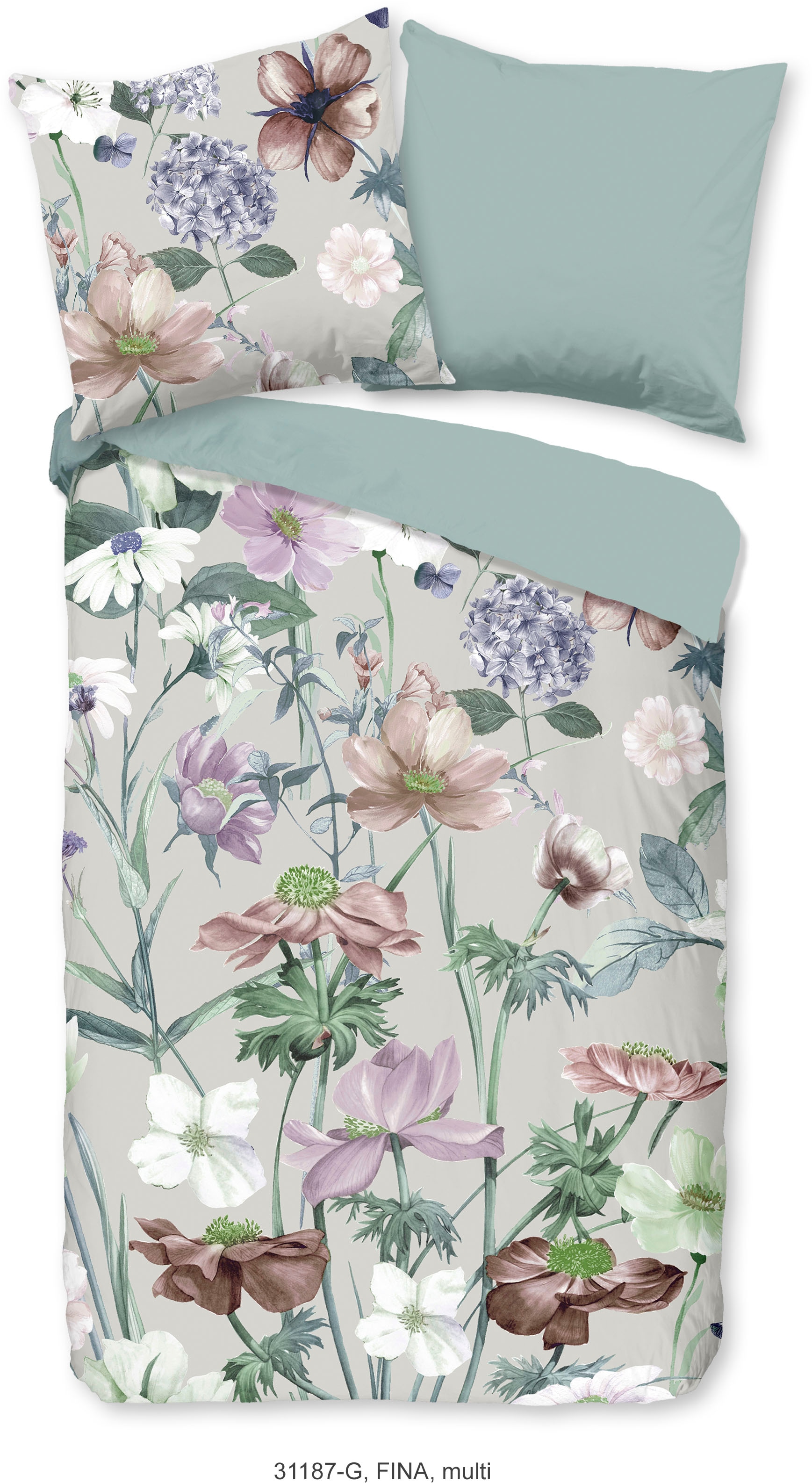 good morning Wendebettwäsche »Fina Flowers«, Baumwolle, 135x200, Reißverschluss, Wendeoptik, Blumen, Grau, Grün