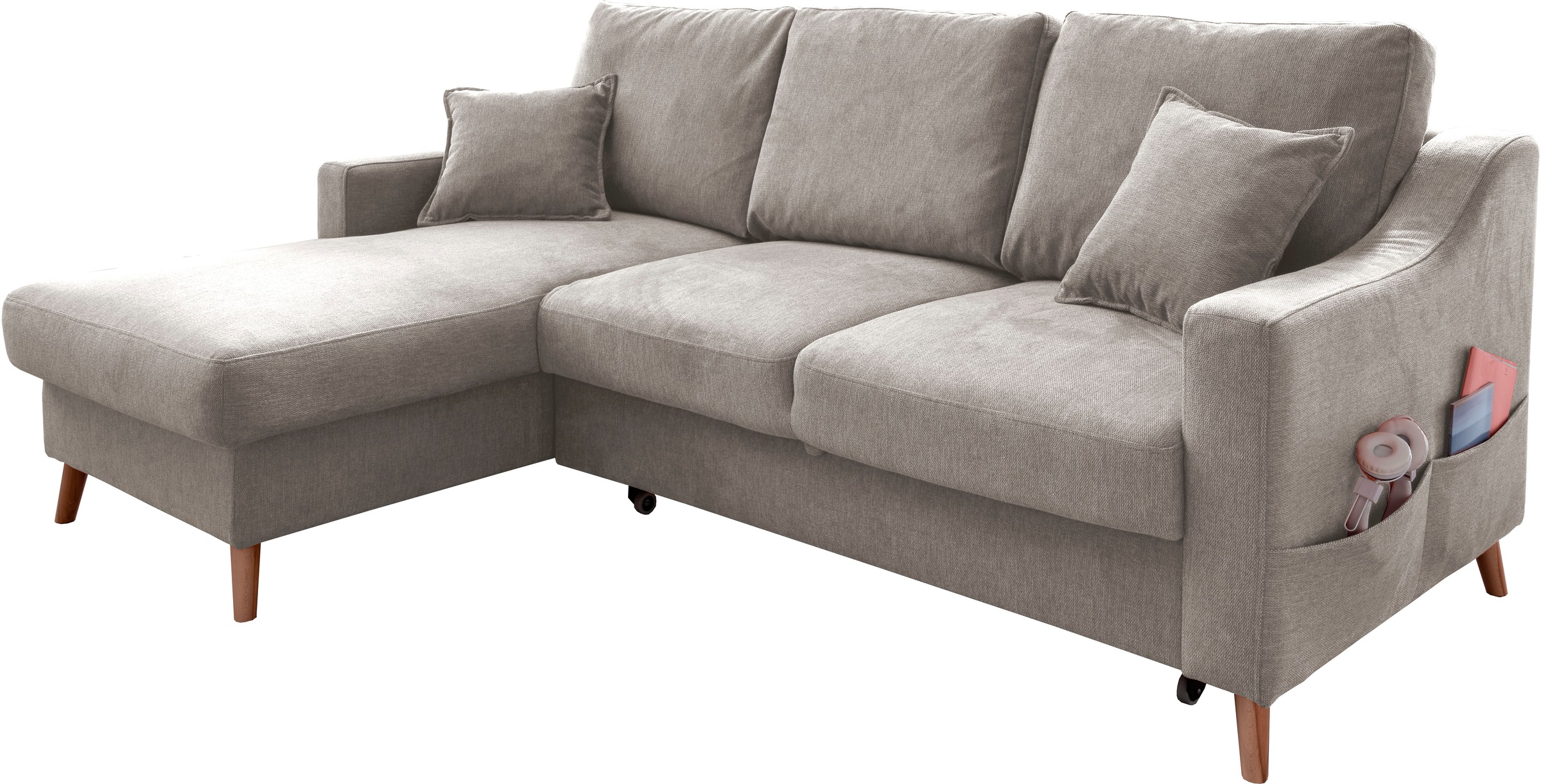 INOSIGN Ecksofa »Valentina L-Form«, 2 Zierkissen, mit Seitentasche, ausziehbarer Liegefläche, Bettkasten