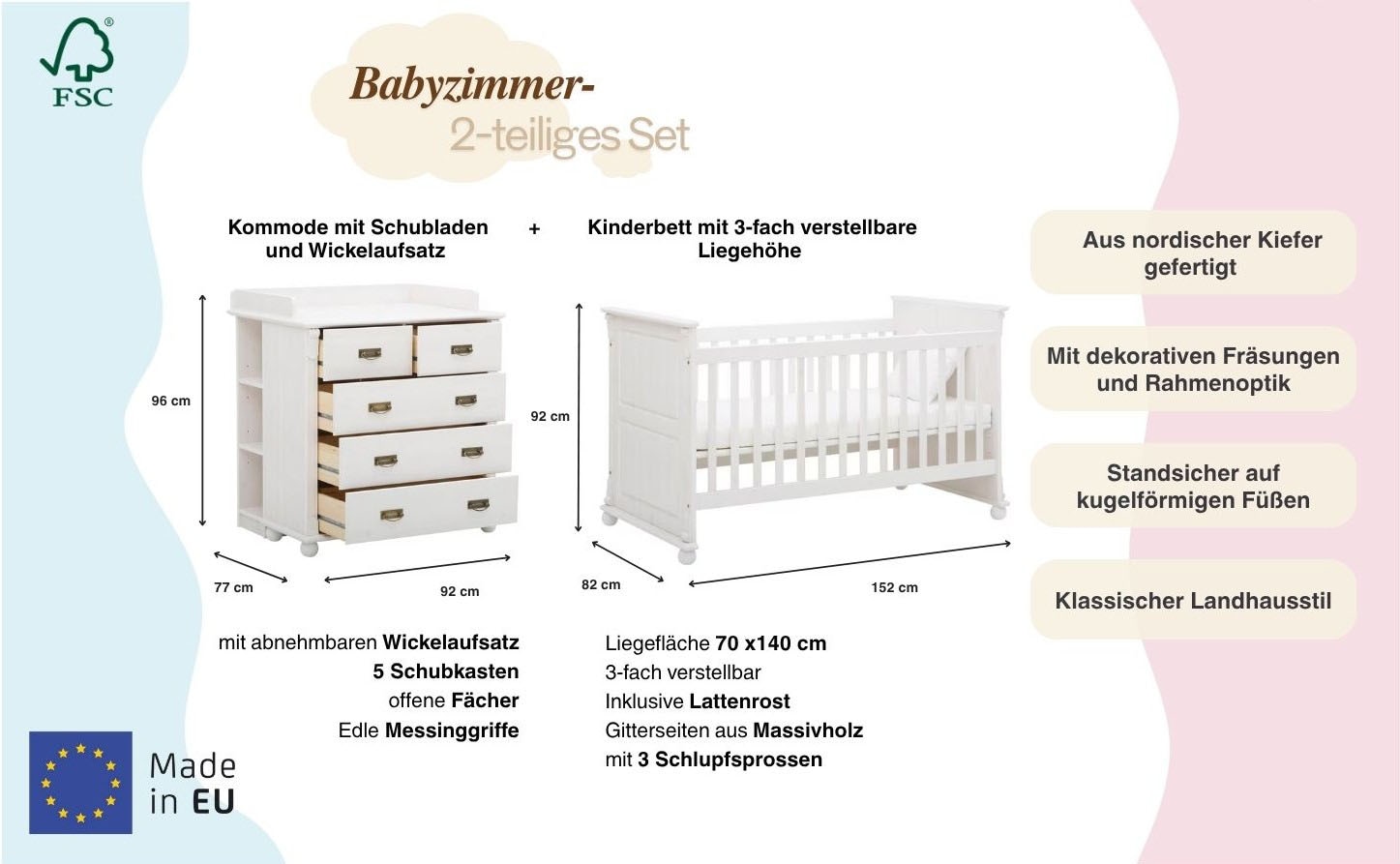 OTTO home Babyzimmer-Komplettset »Aimo, luxoriöser Landhausstil, Messinggriffe,« Spar-Set, Kinderbett, Wickelkommode, Unterbauregal, 5 Schubladen, 3 Stk. tlg. aus Massivholz; FSC®-Holz aus gewissenhaft bewirtschafteten Wäldern