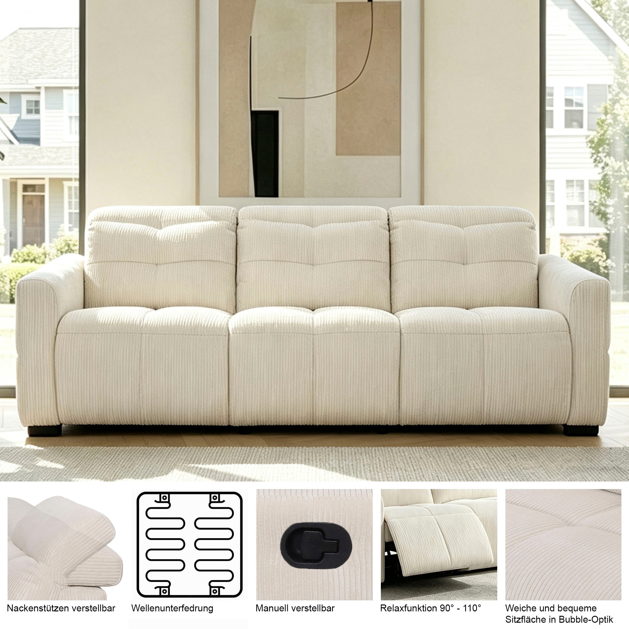 OTTO home 3-Sitzer »CAARLA Cord, Sofa, 224 cm, man. oder elektr. Relaxfunktion (USB-A/C)« mit USB-A und USB-C bei elektrischer Ausführung, Kopfteilverstellung