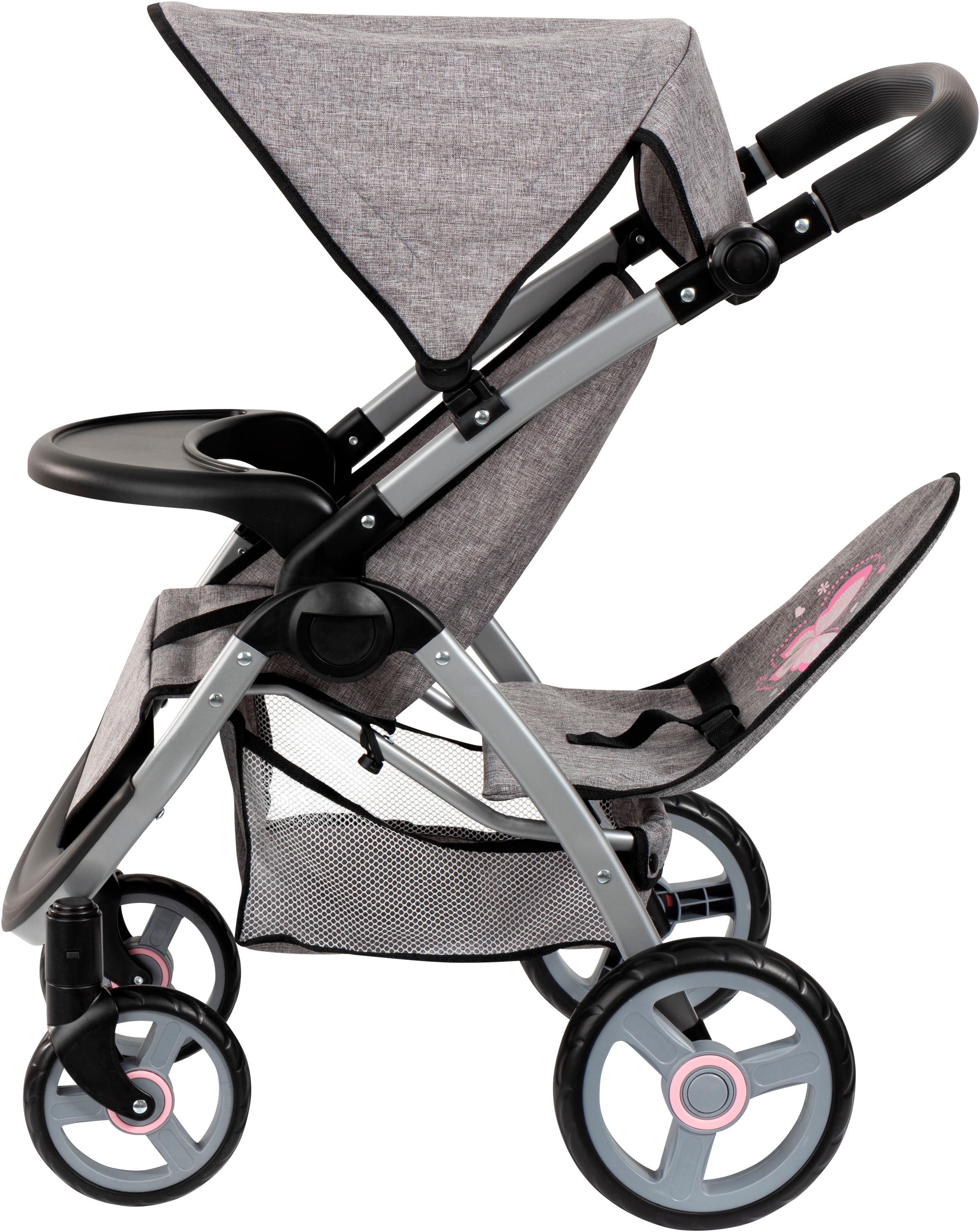 Bayer Puppen-Zwillingsbuggy »Twin Star, grau/rosa«, mit Wickeltasche