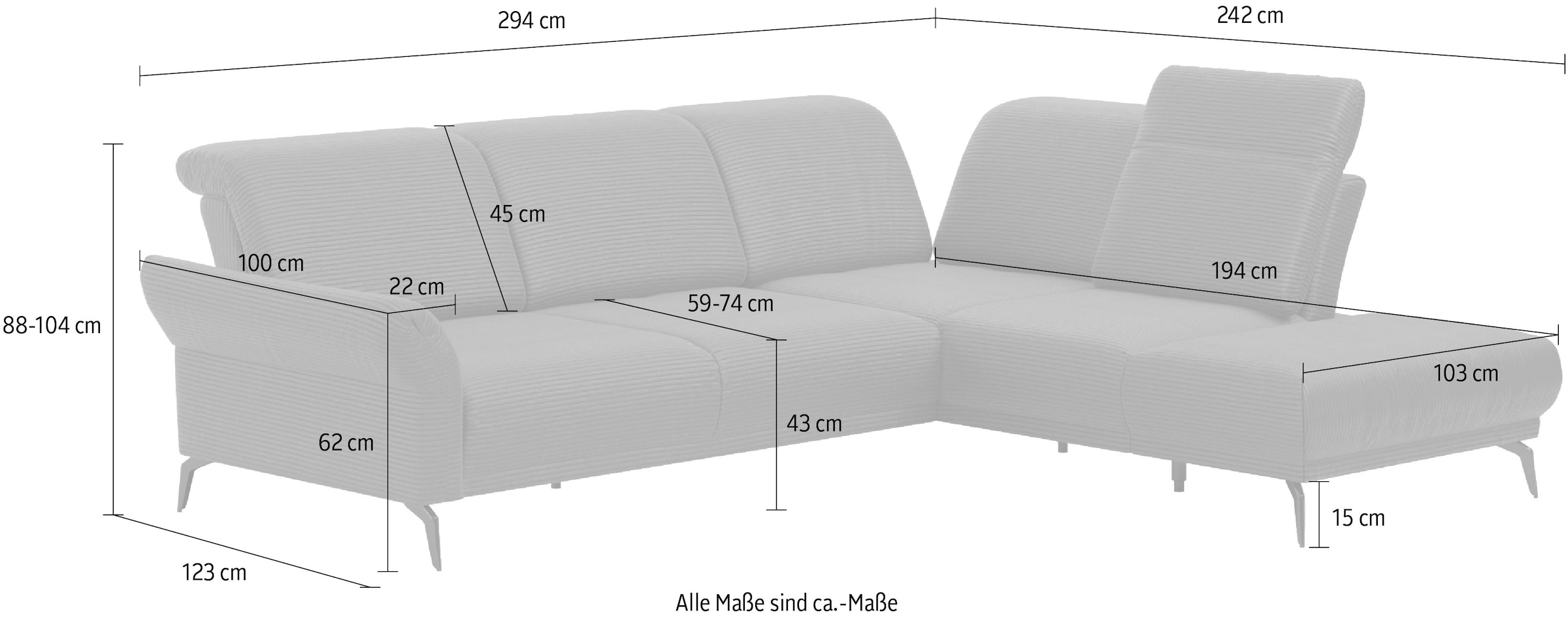 INOSIGN Ecksofa »Coco L-Form«, Sitztiefen-, Arm- und Kopfteilverstellung, Cord-Bezug, Fußhöhe 15 cm