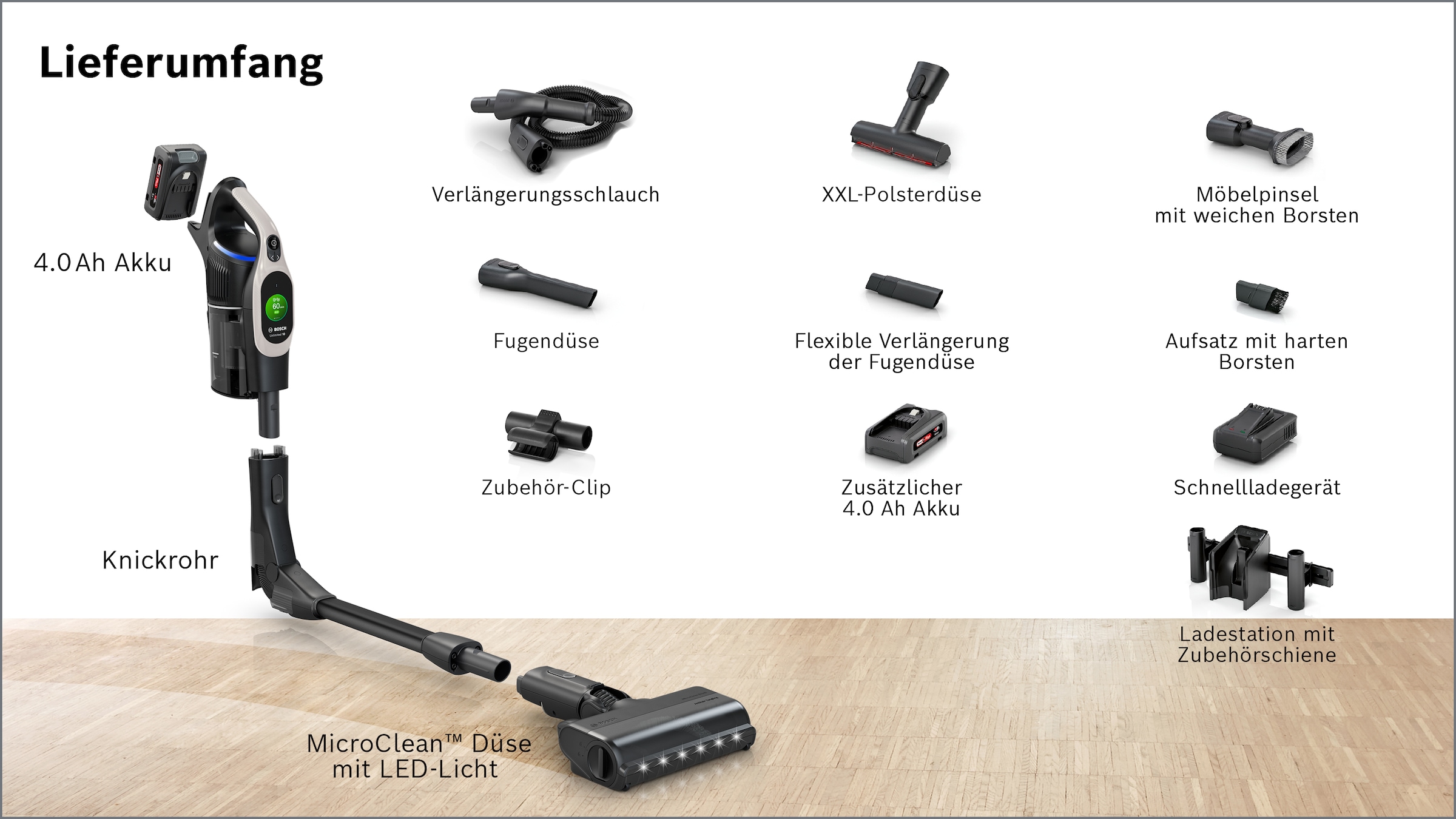 BOSCH Akku-Stielstaubsauger »BTS1042GQC« Display, Knickrohr, HEPA-Filtersystem, Schnellladegerät, 2 Akkus, grau
