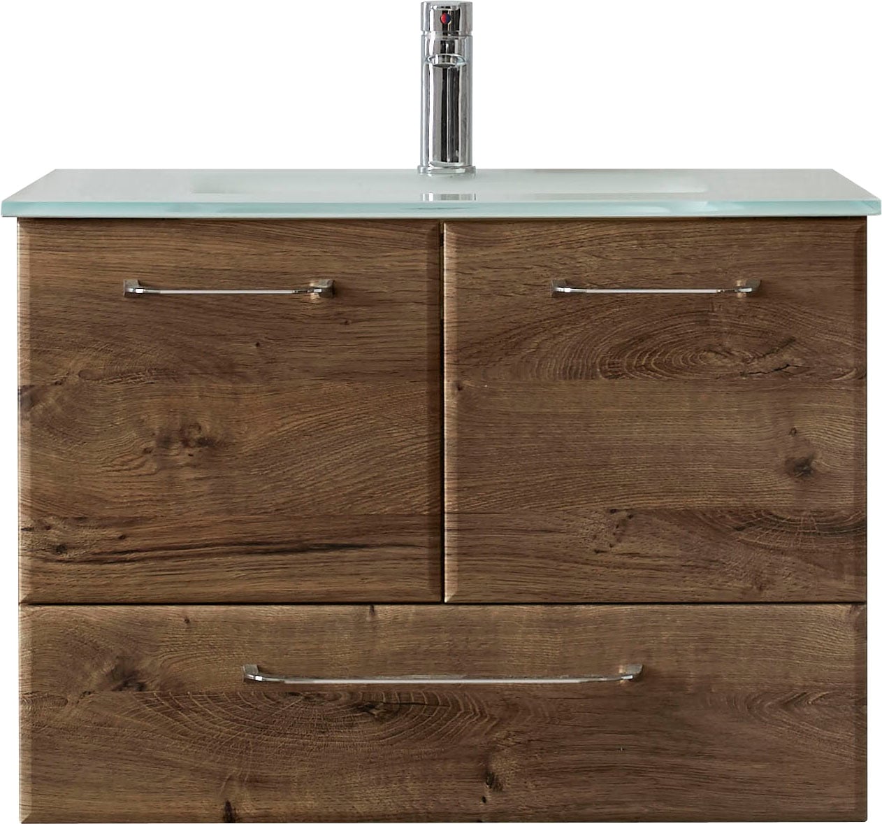 Saphir Waschtisch »Quickset Glaswaschtisch mit Unterschrank, 74 cm breit, Waschplatz«, Griffe in Chrom Glanz, inkl. Türdämpfer, 2 Türen, 1 Schublade