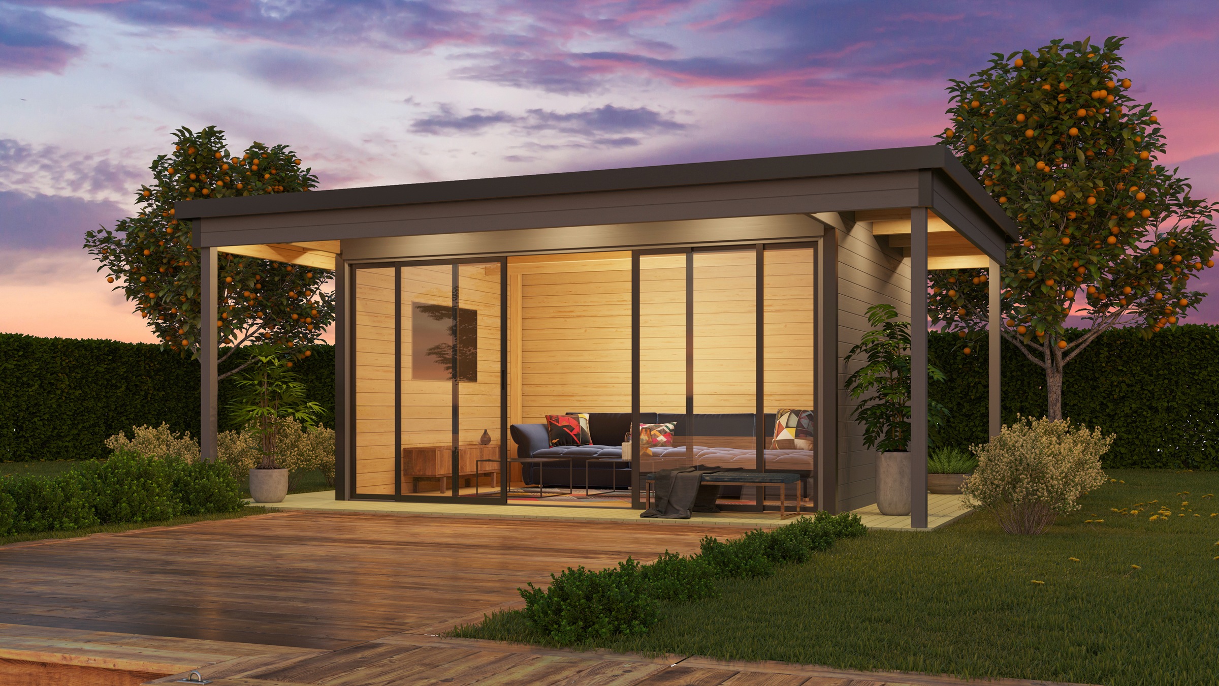 LASITA MAJA Gartenhaus »DOMEO 4 LOGGIA LICHTGRAU/ANTHRAZIT - NEU« mit Überdachung , Fundamentmass 800+4180+800 x 800+3219 , Lichtgrau