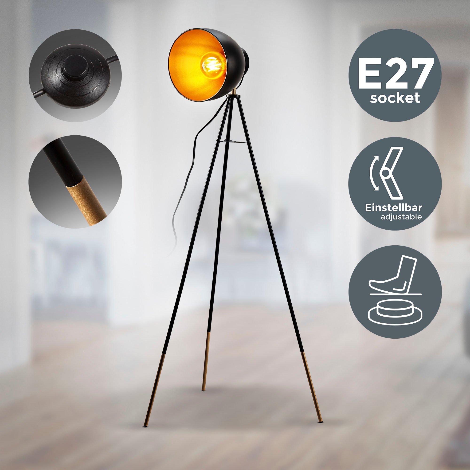 B.K.Licht Stehlampe »BK_ST1233 Stehleuchte, Vintage, Schwarz-gold, Metall, günstig online kaufen
