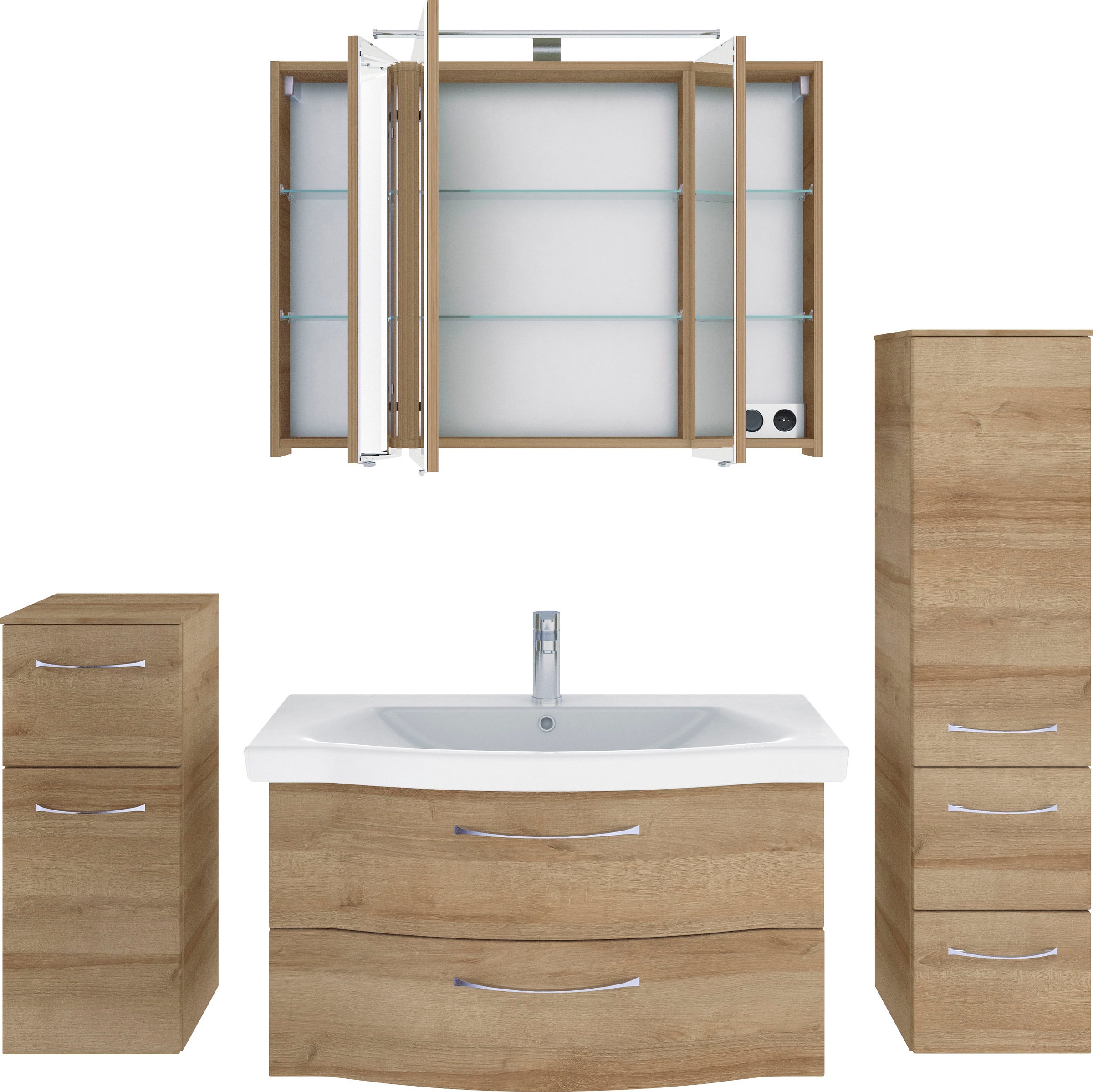 Saphir Badmöbel-Set »6005 Sprint 4-teilig, Keramik-Waschtisch mit LED-Spiegelschrank«, (5 St.), Unterschrank, Midischrank, inkl. Türdämpfer, 5 Türen, 5 Schubladen