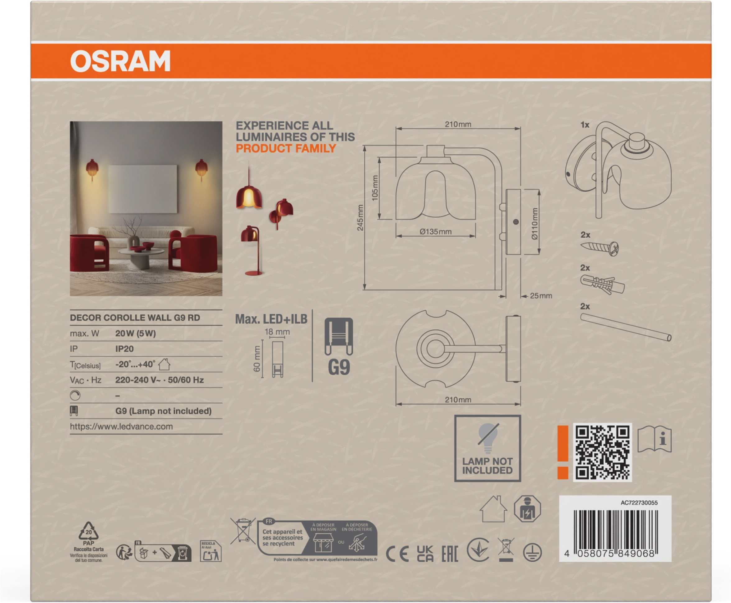 Osram Wandleuchte »Decor Corolle« G9 1 Stk. Fassung G9, Stahl und Glas