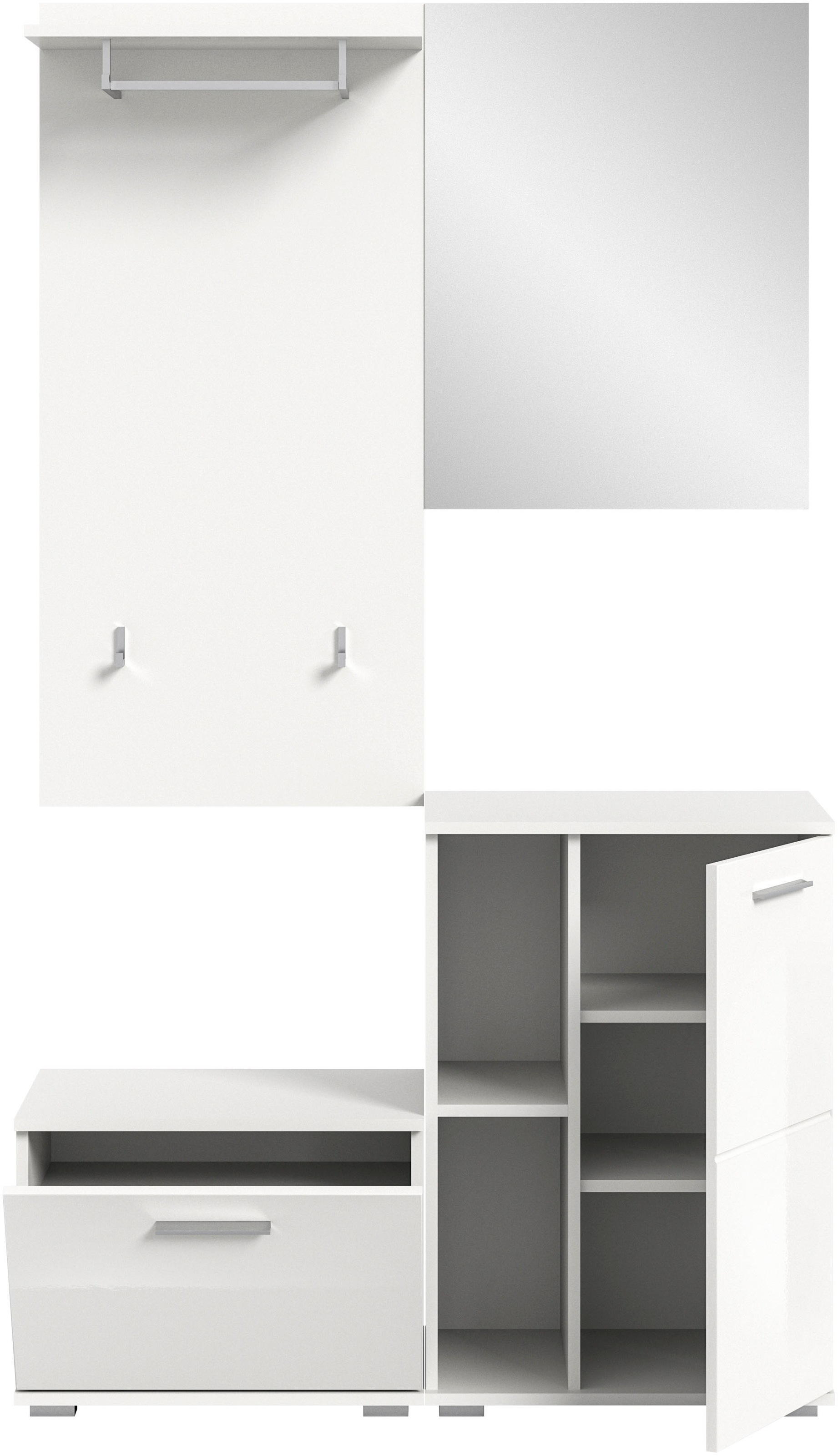 INOSIGN Garderoben-Set »Valge, Breite 110 cm, 4-teiliges Set, bestehend aus:«, (4 St.), Sitzbank, Garderobenpaneel, Schuhschrank und Garderobenspiegel