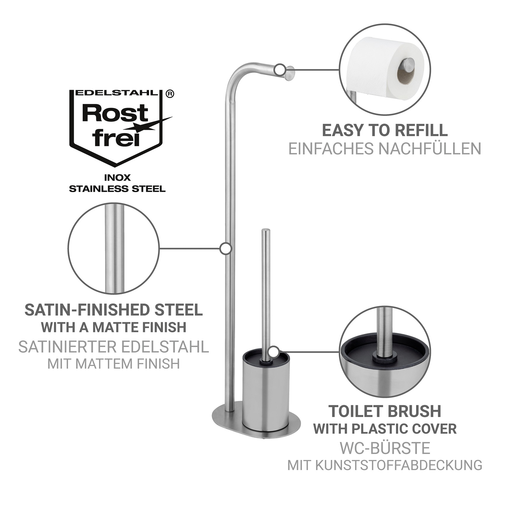 WENKO WC-Garnitur »Levante« aus Edelstahl freistehender Toilettenpapierhalter mit WC-Bürste, Edelstahl rostfrei