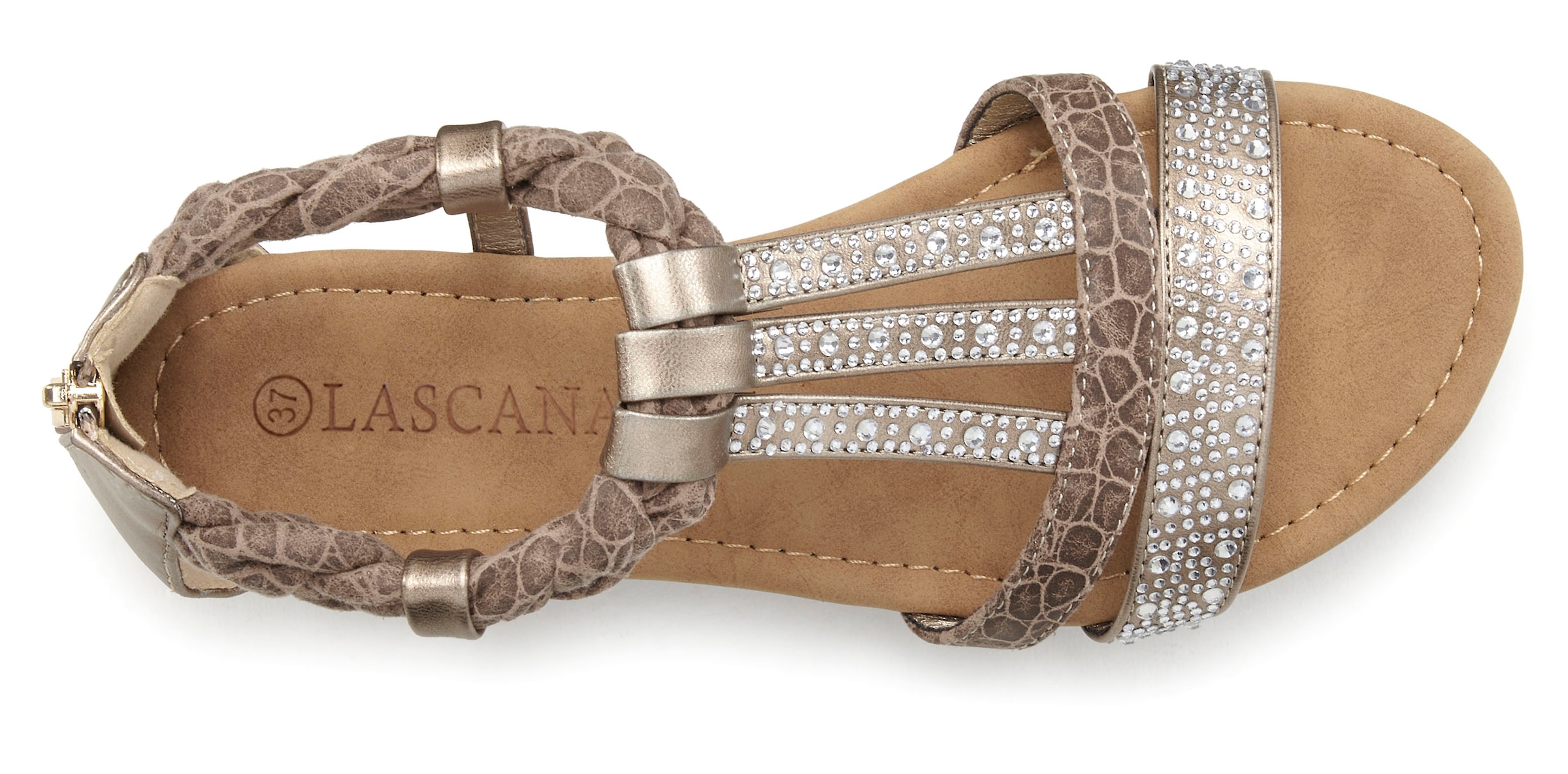 LASCANA Sandale »Sommerschuh, Sandalette«  mit Glitzersteinen und kleinem Keilabsatz im Festival-Look VEGAN