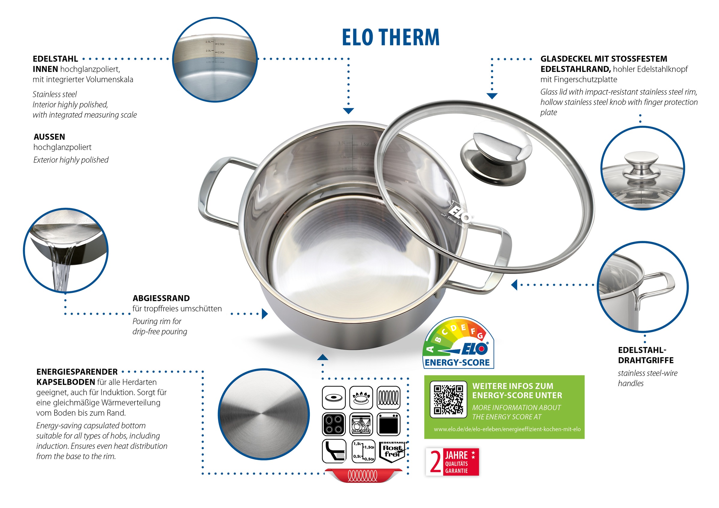 Elo Topf-Set »Elo Therm Topfset 5-teilig«, Edelstahl, (Set, 8 tlg.), Volume günstig online kaufen