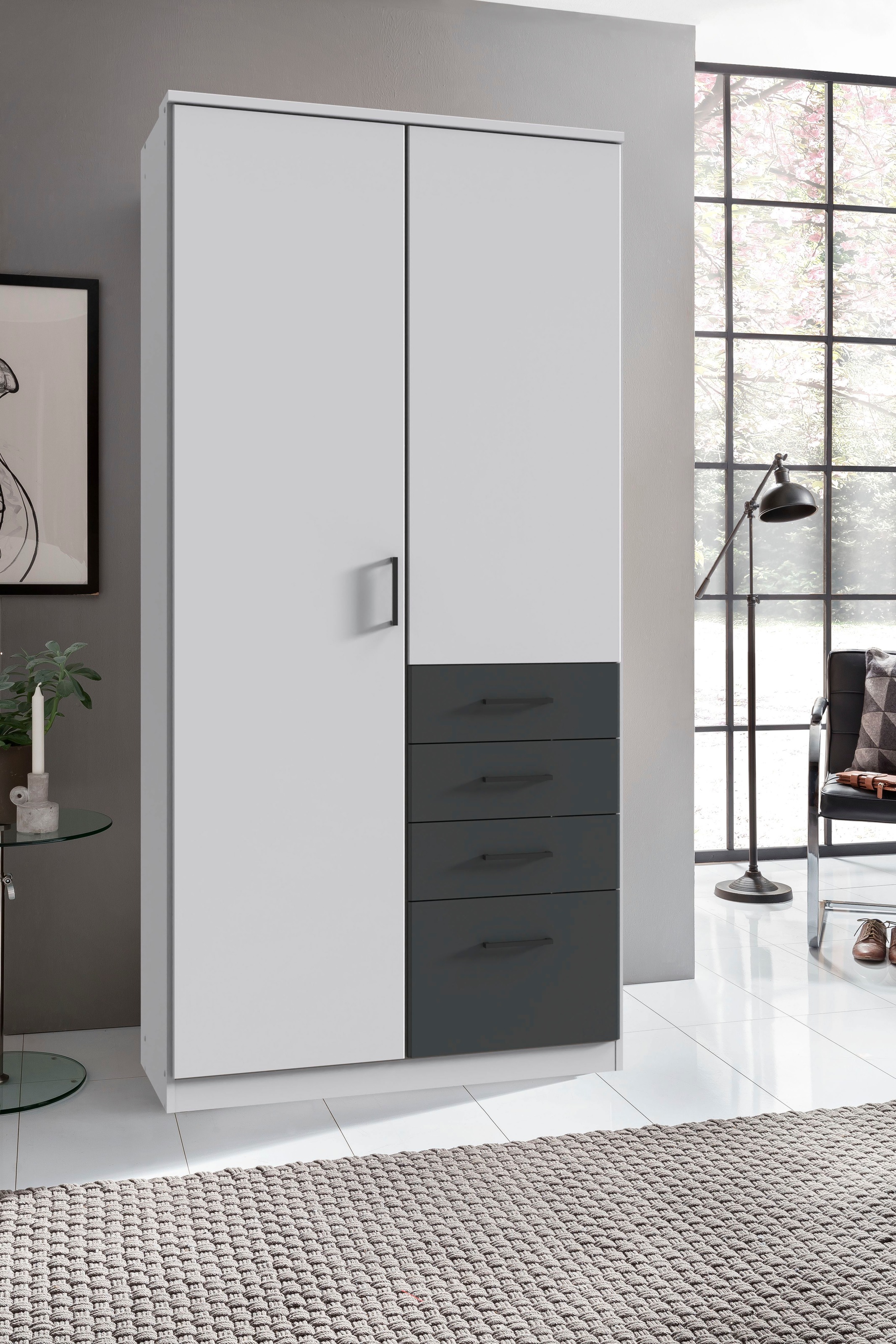 Wimex Kleiderschrank »Cottbus, in weiß oder grau modern kombiniert mit graphitfb.Schubladen«, (in 3 Größen, schwarze Griffe, Made in Germany), mit 4 Schubladen, wahlweise mit oder ohne Spiegel