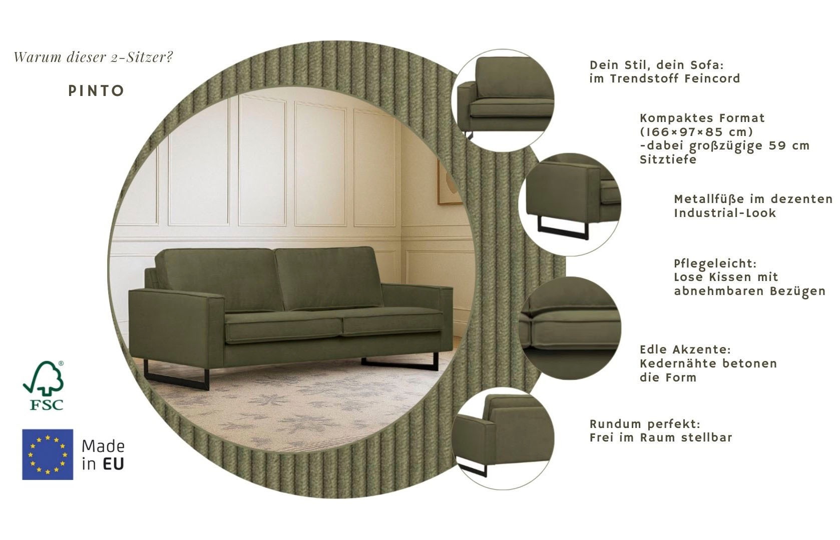 Home affaire 2-Sitzer »Pinto, 166 cm, Cord, Chenille, Lederoptik« mit Keder, schwarze Metallfüße, Wellenunterfederung