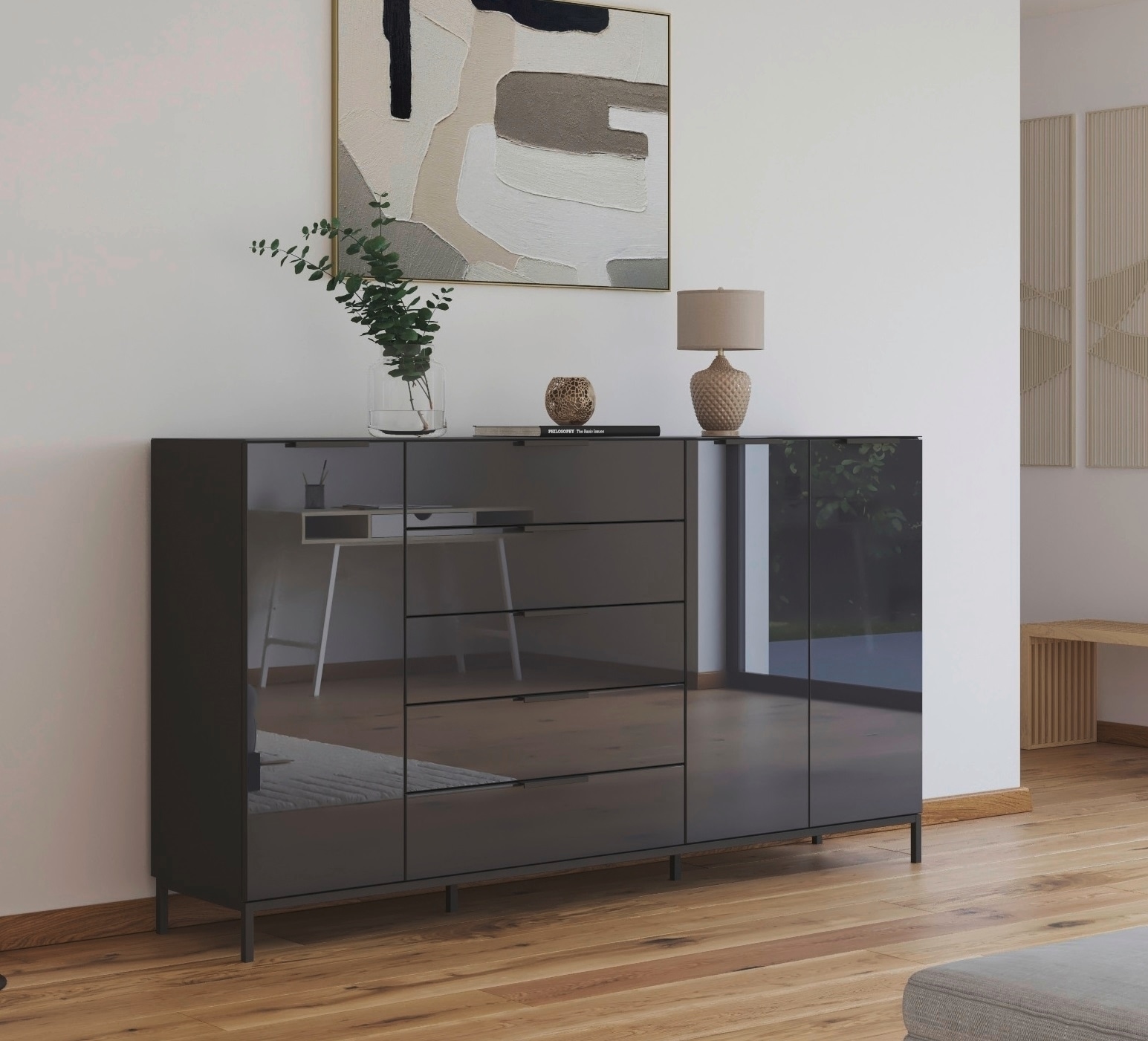 rauch Kombikommode »Kommode Türkommode Sideboard Kombikommode FLIPP mit Glasfront«, (Breite 200 cm mit 4 Einlegeböden), 3-türig, 5 Schubladen, Soft-Close-Funktion, Oberboden und Front Glas