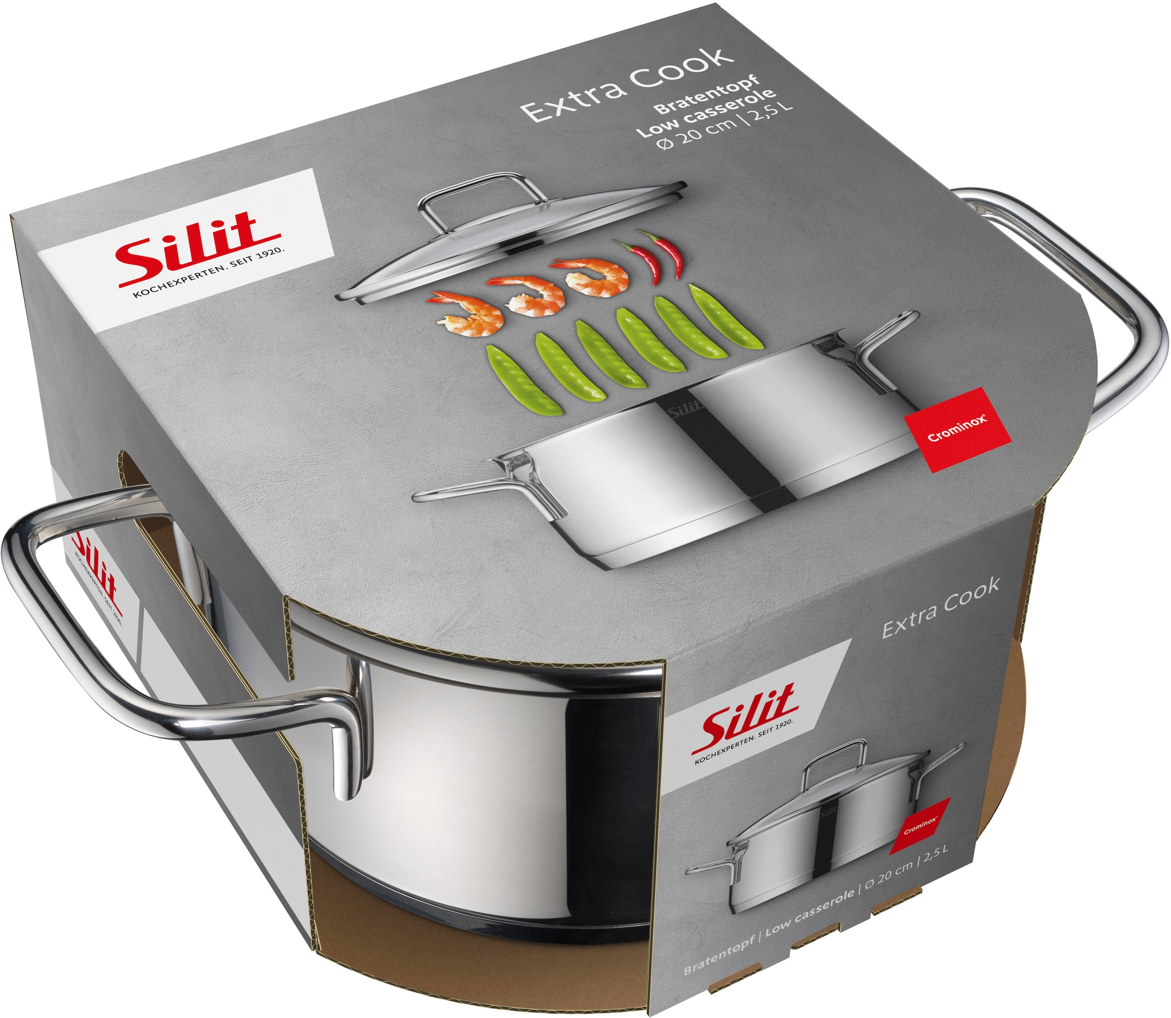Silit Bratentopf »Extra Cook, mit Glasdeckel«, Edelstahl 18/10, (2 tlg.), SiliTherm Universalboden, induktionsgeeignet, spülmaschinengeeignet
