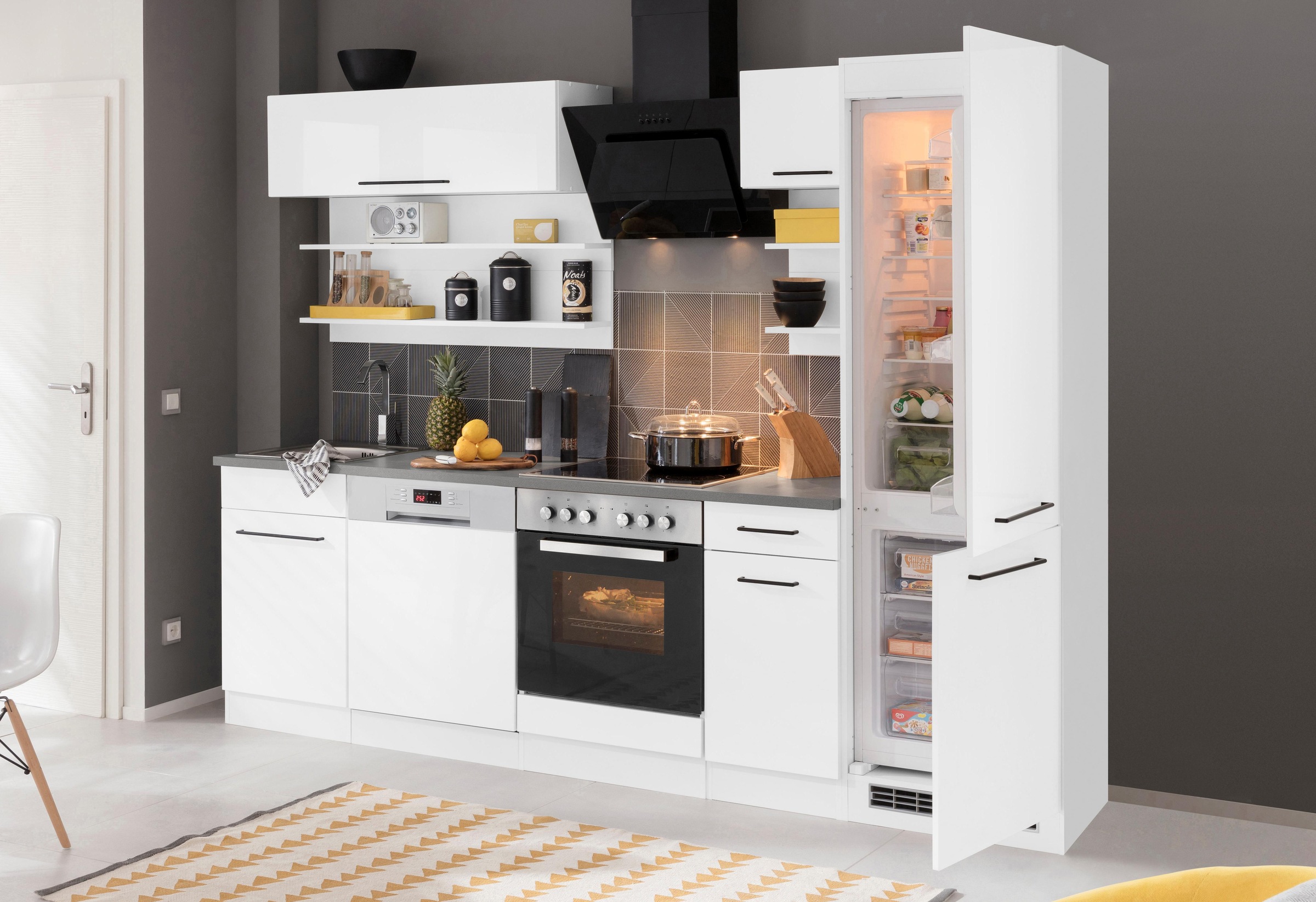 KOCHSTATION Küchenzeile »KS-Tulsa«, mit E-Geräten, Breite 270 cm, schwarze Metallgriffe, MDF Fronten