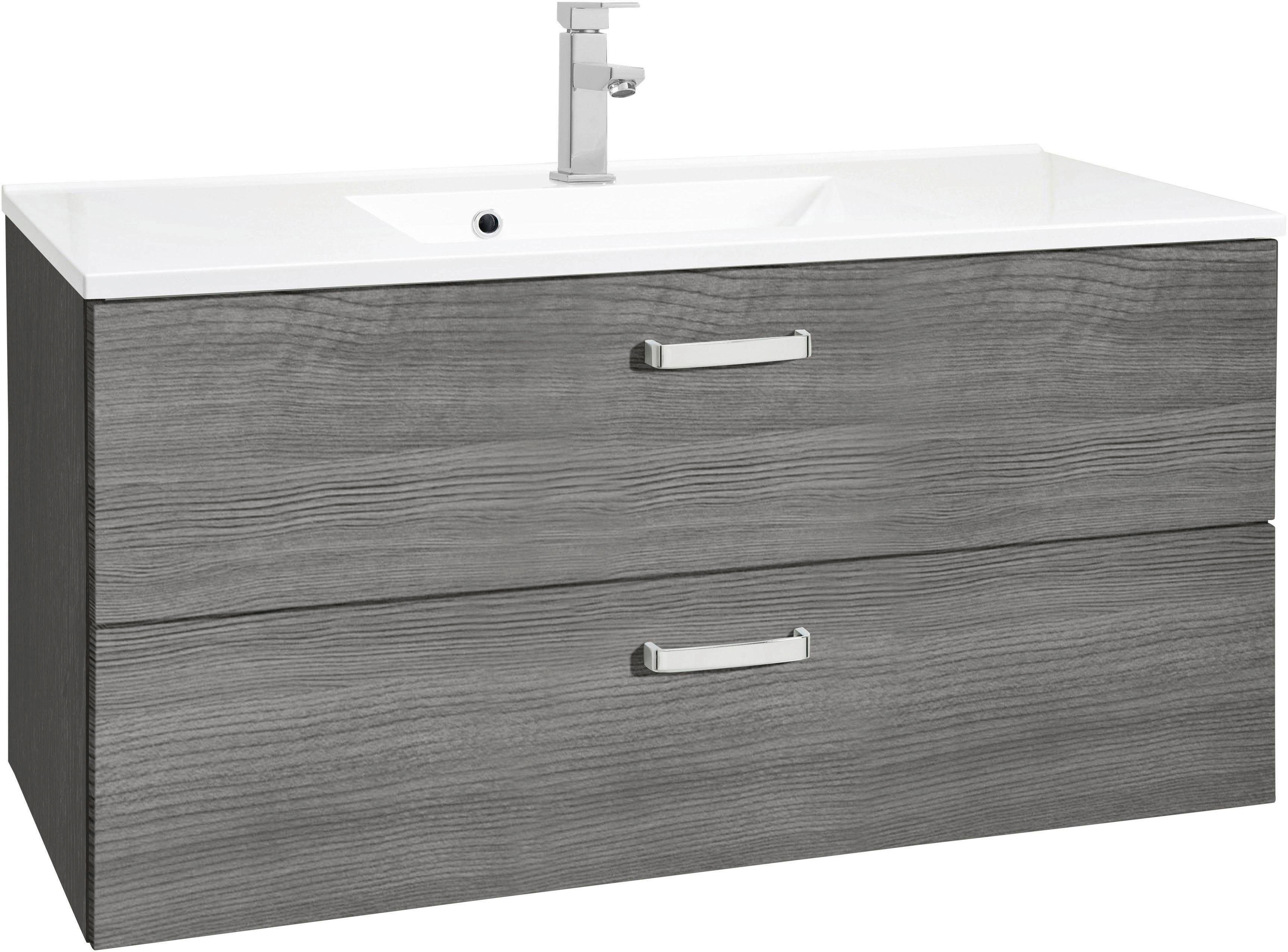 Waschbeckenunterschrank „Ravenna“, Bad Waschtisch inkl. Waschbecken, Breite 100 cm, Soft-Close, eichefarben/silber/graphit B/H/T: 100 cm x 54 cm x 48 cm