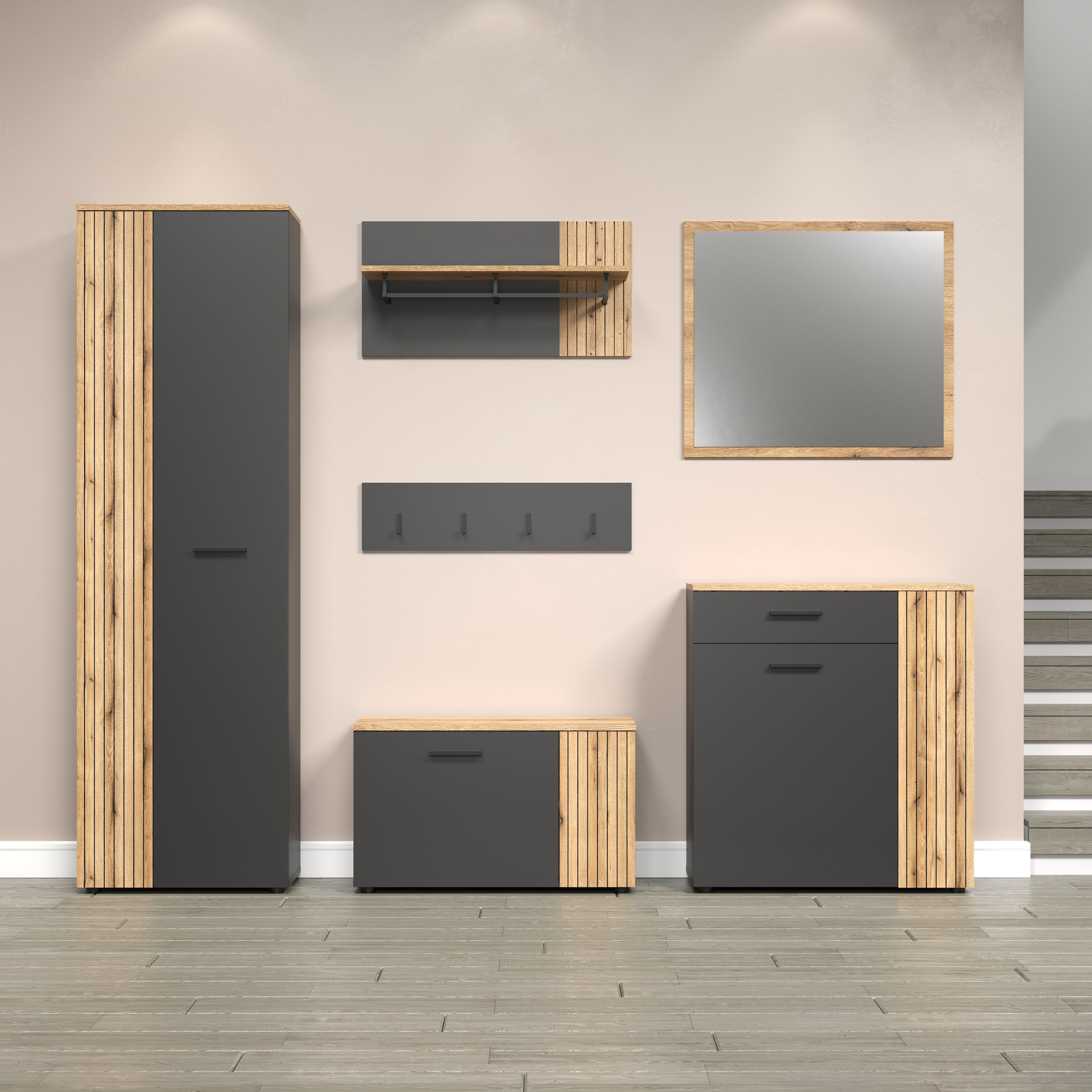 INOSIGN Garderoben-Set »Estepona«, (Komplett-Set, 6 St.), Garderobenmöbel mit Rillenoptik - Maße (B/T/H) 250/36/195 cm