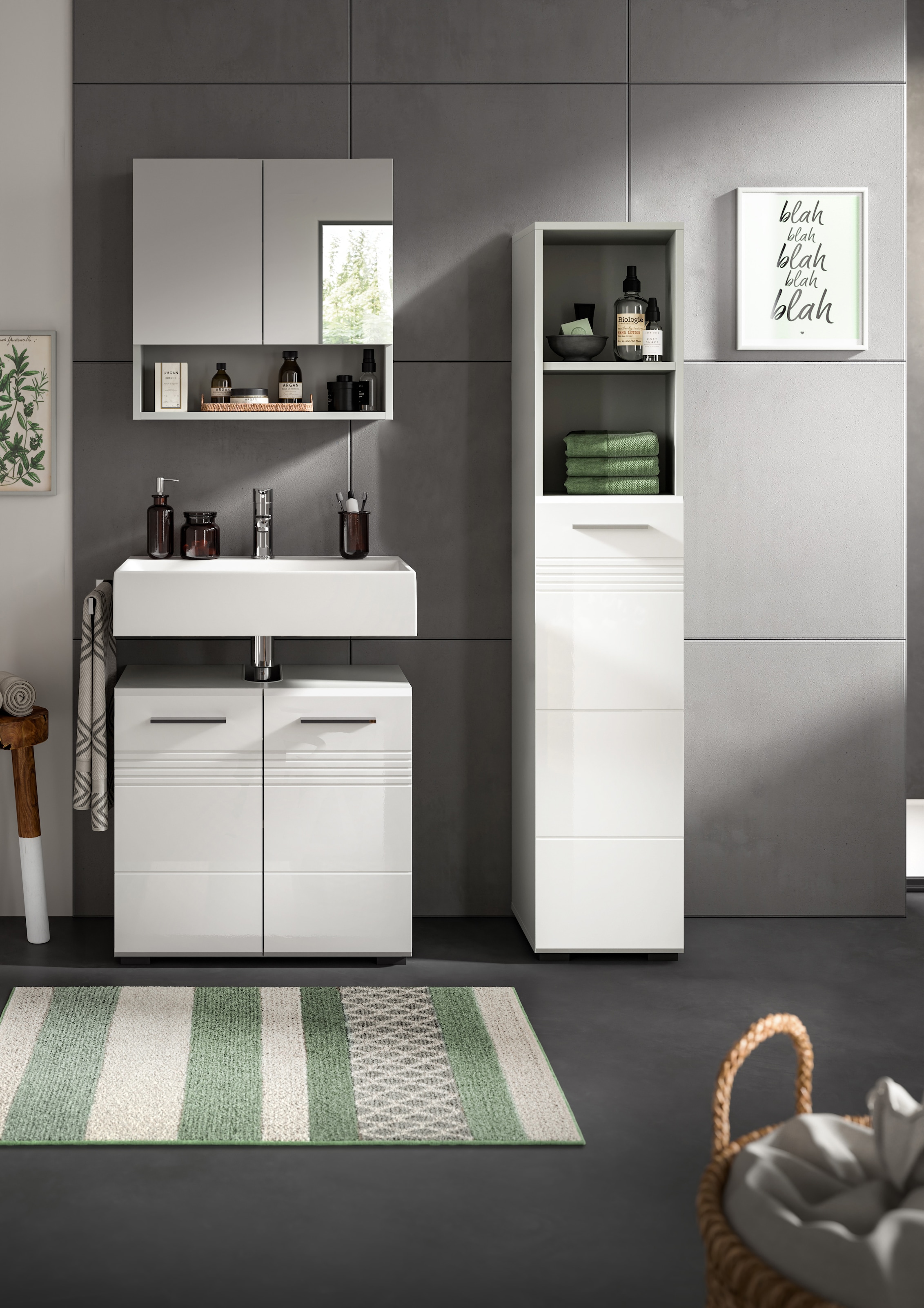 welltime Badmöbel-Set »Calicio, bestehend aus: Waschbeckenunterschrank, Spiegelschrank,«, (3 St.), Hochschrank, hochwertige MDF Front mit Rillenfräsung