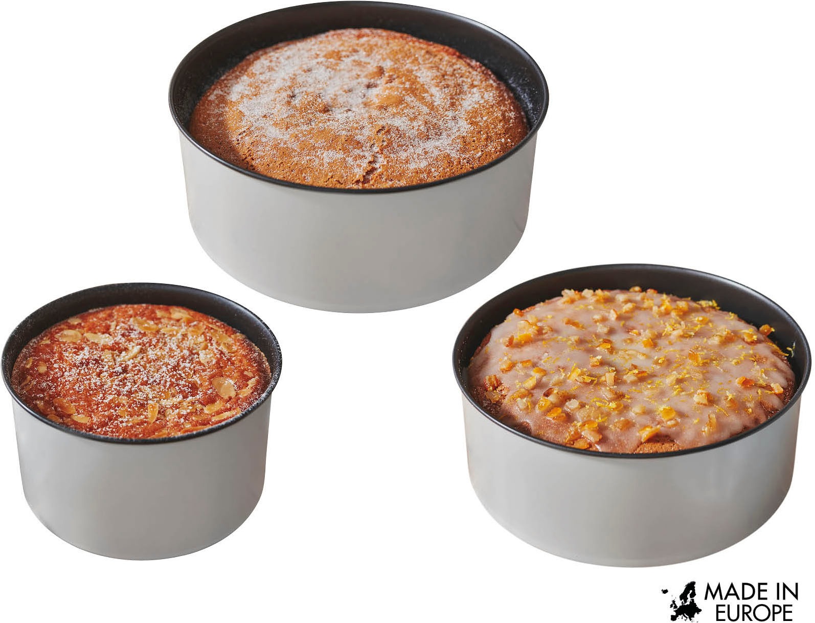 CHG Kuchenblech »PushPan, 3er Set, Ø 15 cm, 20 cm und 23 cm, Backformen aus Feinblech«, Metall-Silikon, (Set, 3 St.), patentierte Silikondichtung, 100 % auslaufsicher, Made in Europe