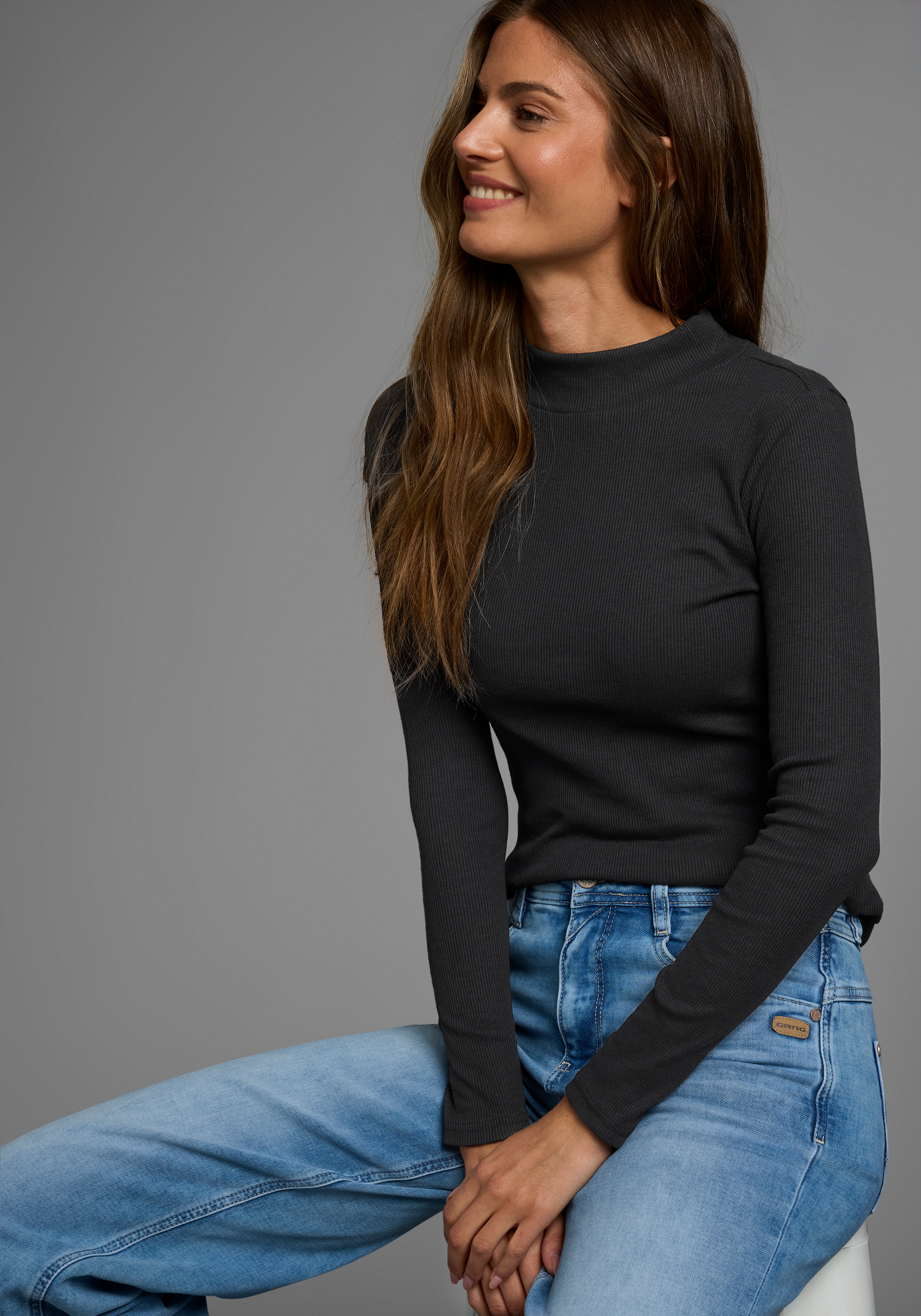 AJC Langarmshirt langärmelig,  Basic-Stil,  Stehkragen,  ideal für Büro und Freizeit