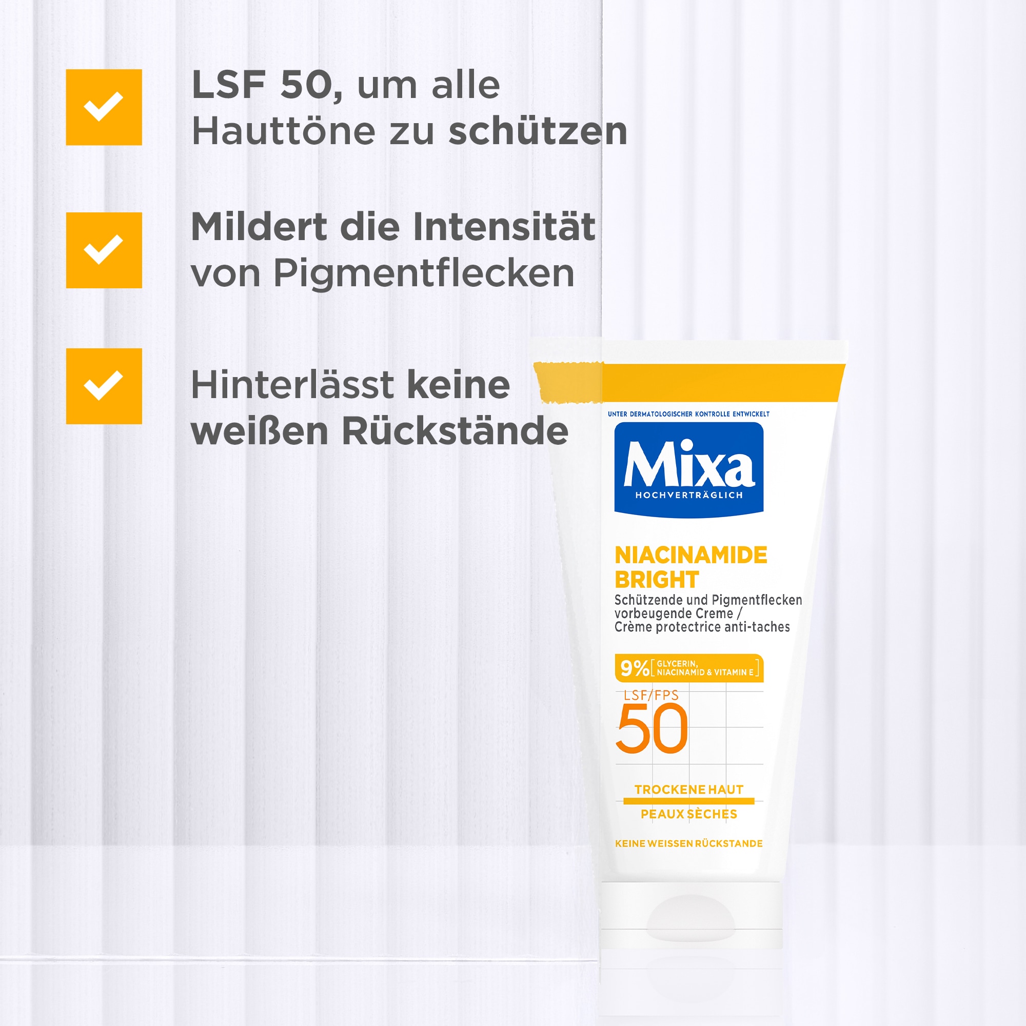 Mixa Körpercreme »Mixa Niacinamide Bright Creme LSF 50«, Mildert sonnenbedingte Pigmentflecken, versorgt trockene Haut.