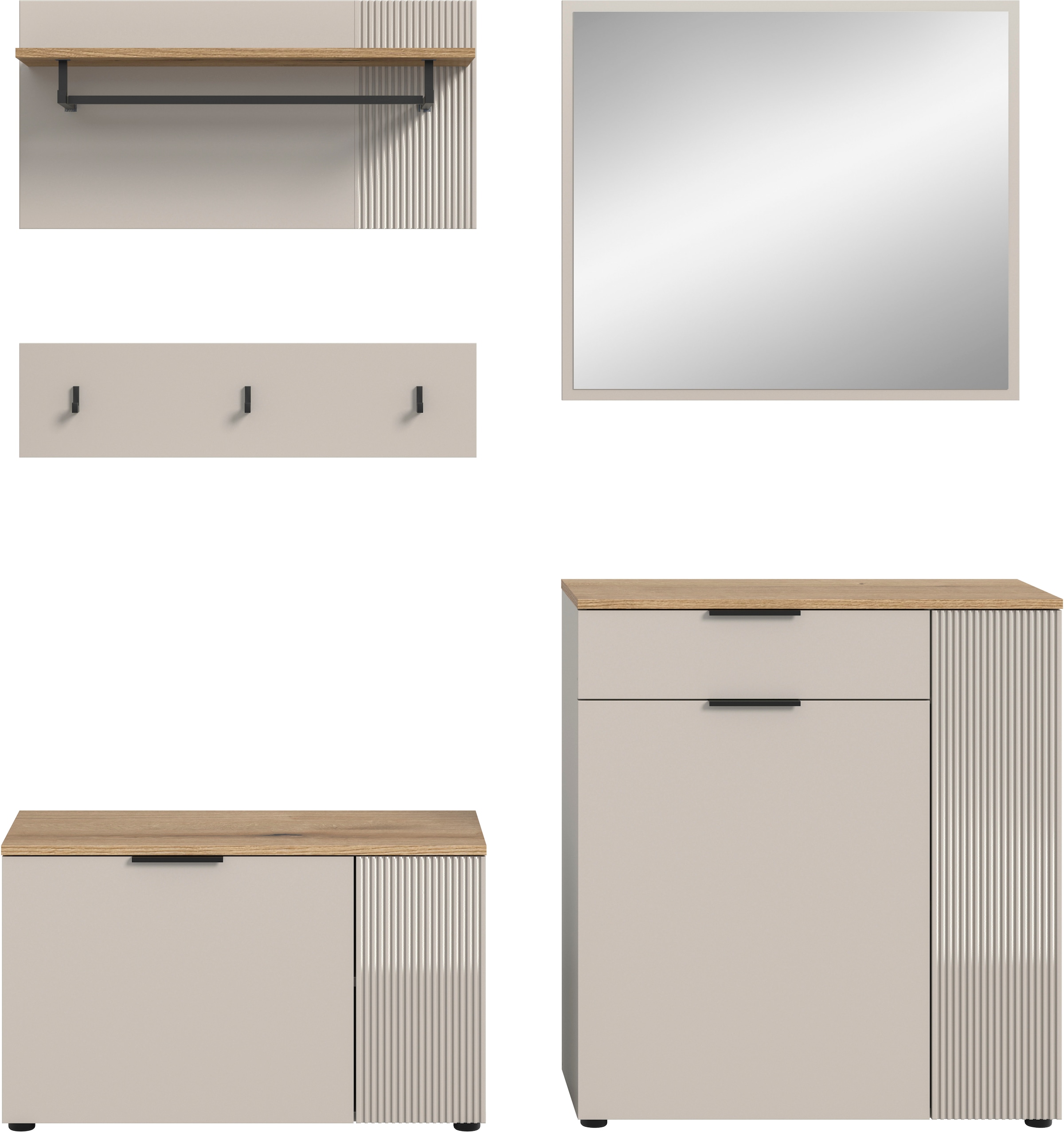 INOSIGN Garderoben-Set »EDIL, Breite 175 cm, 5-teilig, Front mit hochwertiger Längstfräsung« Set, best. aus: Sitzbank, Paneel, Hakenleiste, Kommode & Spiegel, 4 Stk. tlg.