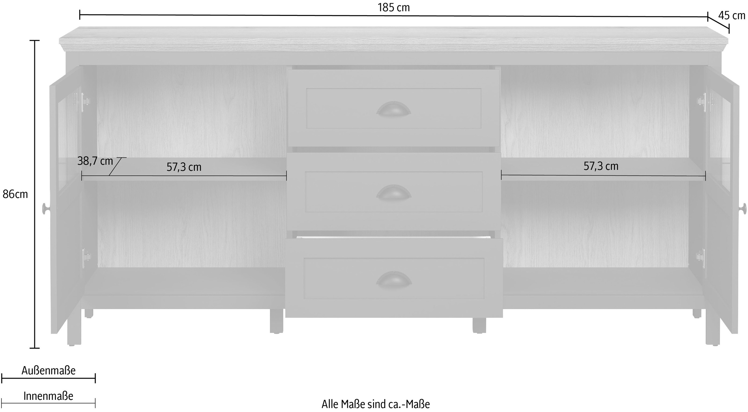 Home affaire Sideboard »Vienna«, (1 St.), Kommode im Landhausstil - Beleuchtung, Glastüren - B/T/H 185/45/86 cm