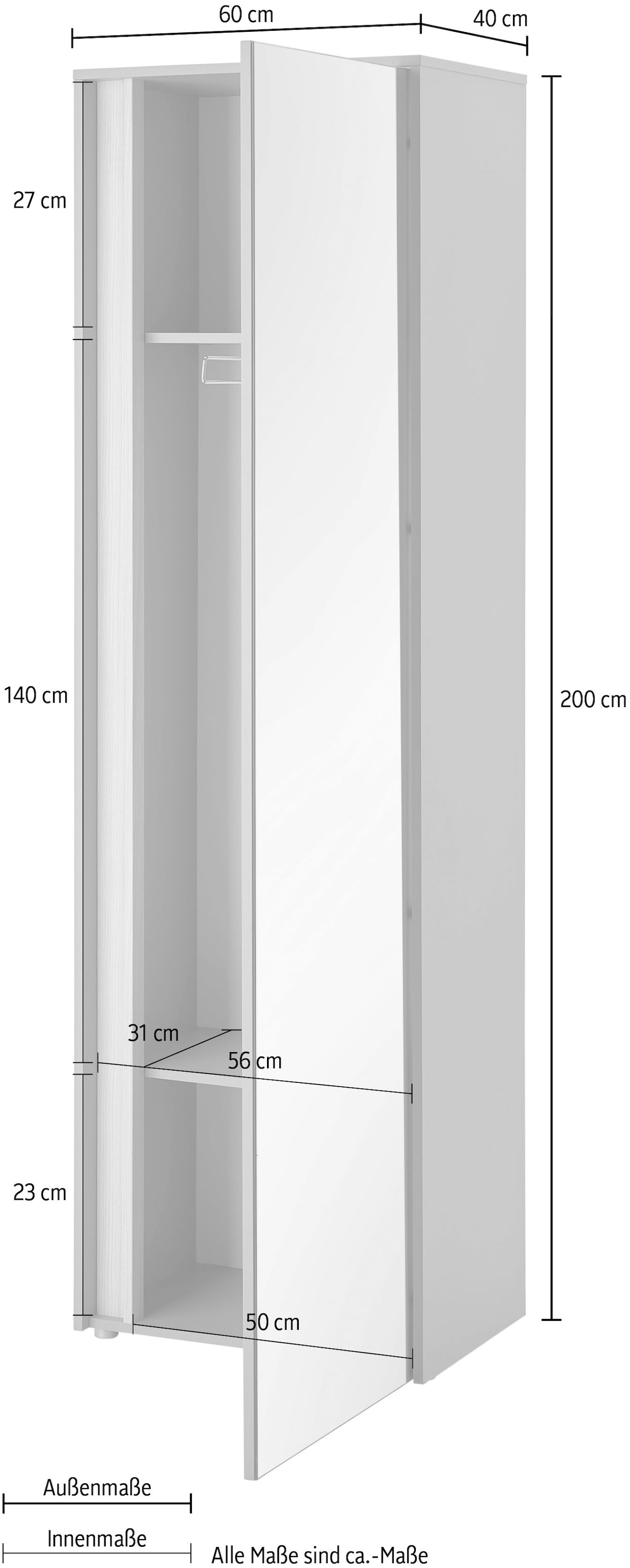 INOSIGN Spiegelschrank »GiRON/CiTY, moderner Garderobenschrank, Kleiderschrank mit Stauraum«, Spiegeltür, Teleskopauszug, Tür beidseitig montierbar, 60 cm breit
