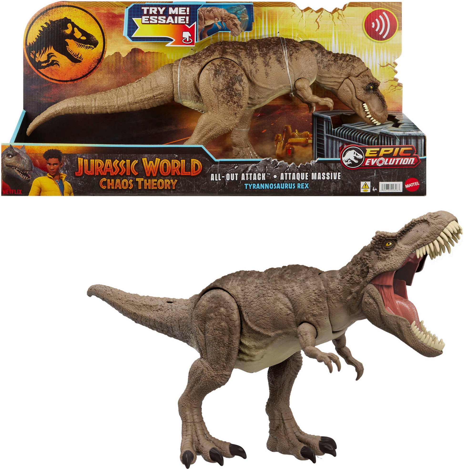 Mattel® Actionfigur »Jurassic World All-Out Attack Tyrannosaurus Rex«, mit Beißbewegung und Brüllgeräuschen