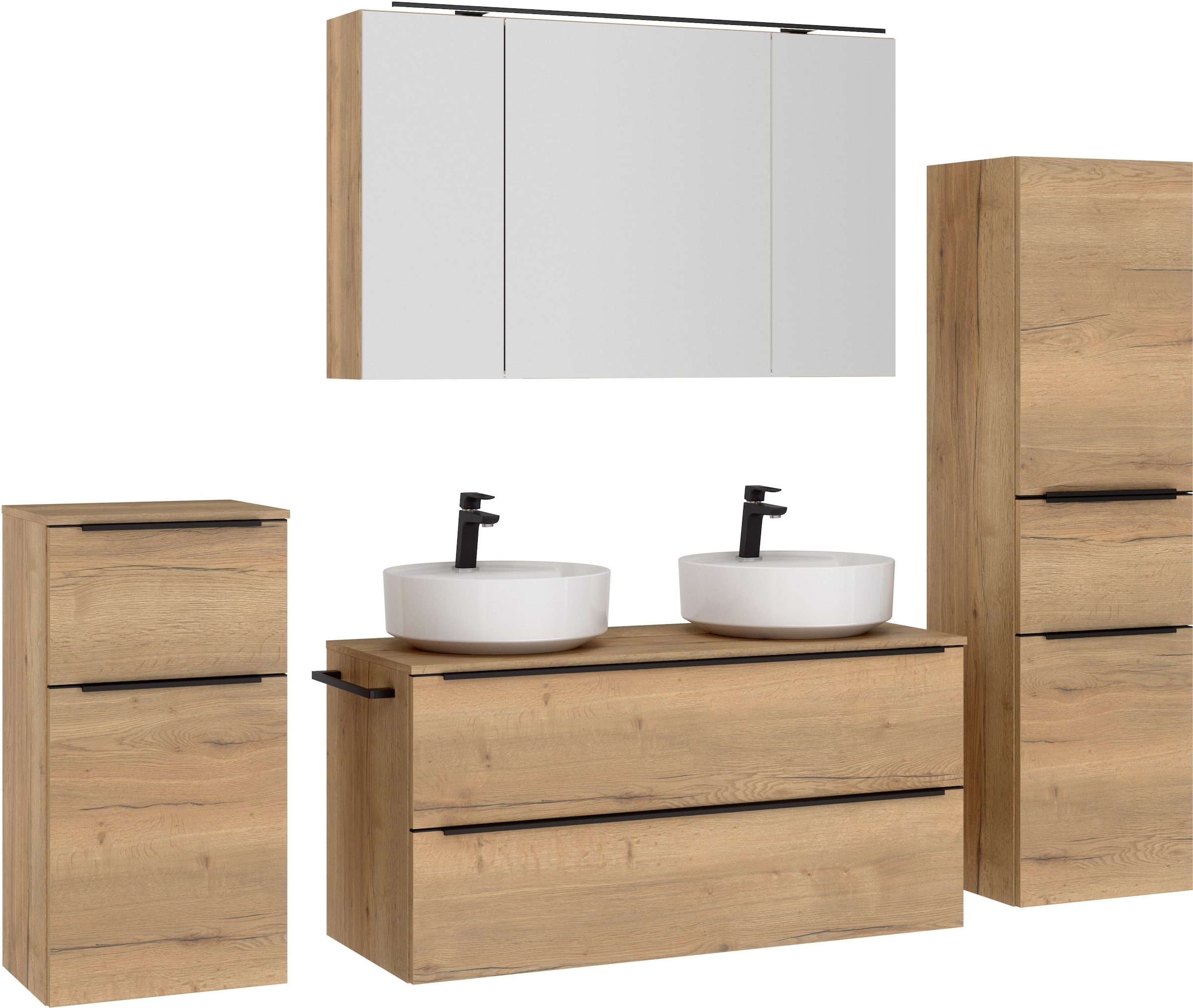 nobilia® Badmöbel-Set »Alvene«, (4 St., vormontiert, mit Soft-Close), inkl. Spiegelschrank mit Beleuchtung und Dimmerfunktion, in 4 Breiten