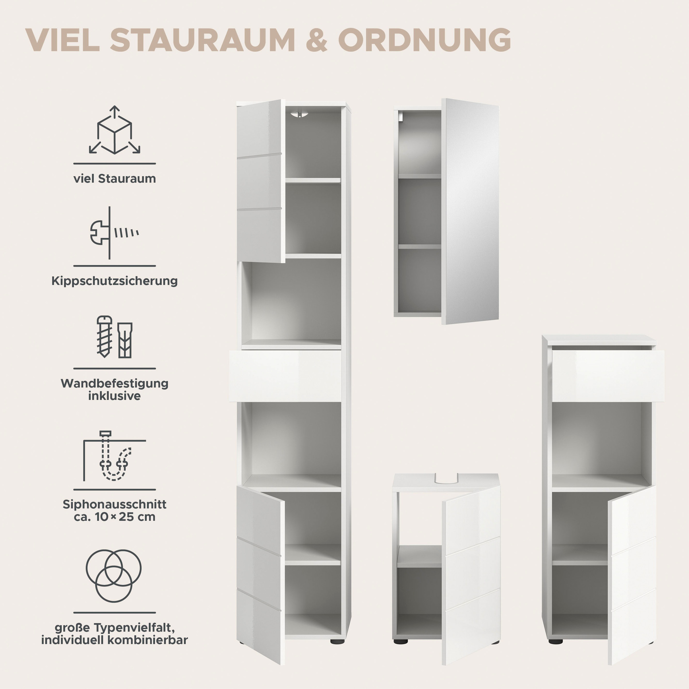 welltime Badmöbel-Set »Biel, Höhe 190 cm, Hochschrank, Unterschrank, Spiegel, Standschrank«, (4 St.), Bad Set, modernes Design, Hochschrank, Unterschrank, Spiegel