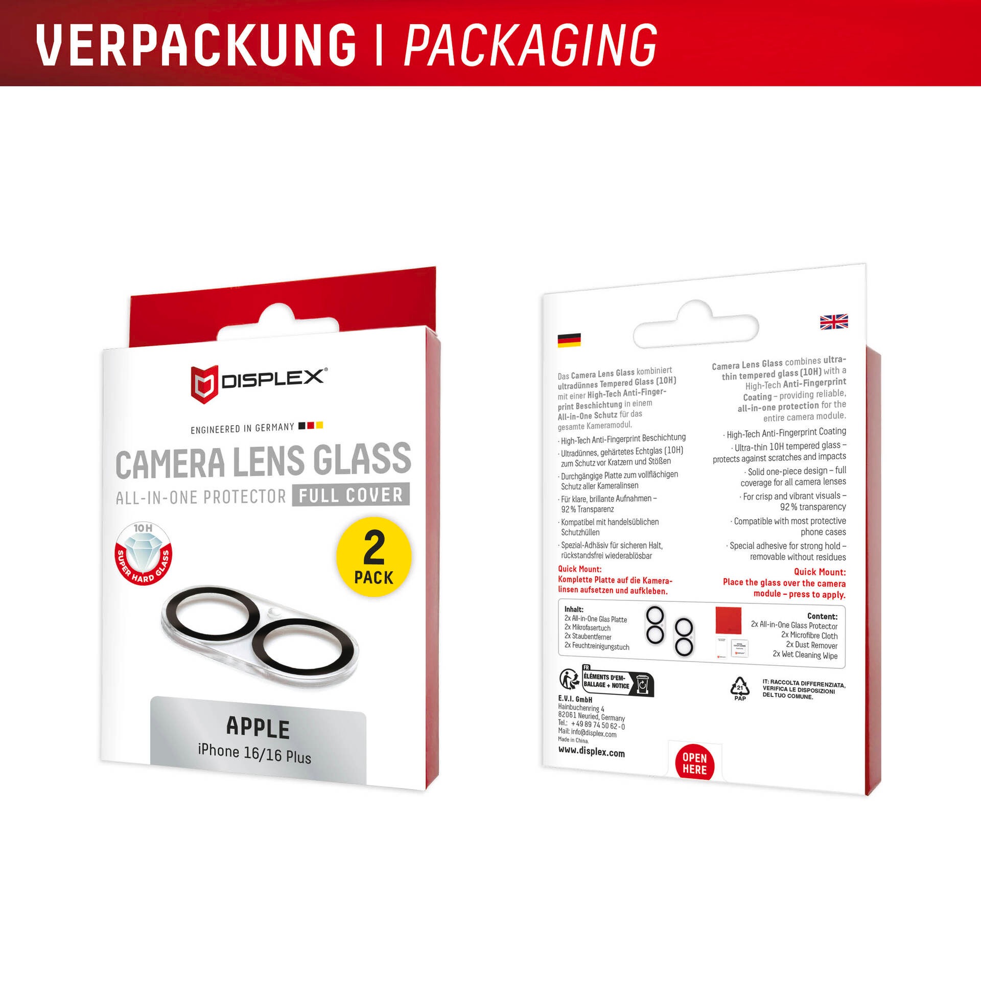Displex Kameraschutzglas »Camera Lens Glass All-In-One Protector Full Cover« für Apple iPhone 16;Apple iPhone 16 Plus Packung, 2x All-In-One Glas,  Objektivschutz, Kameraschutz, kratz- & stoßfest
