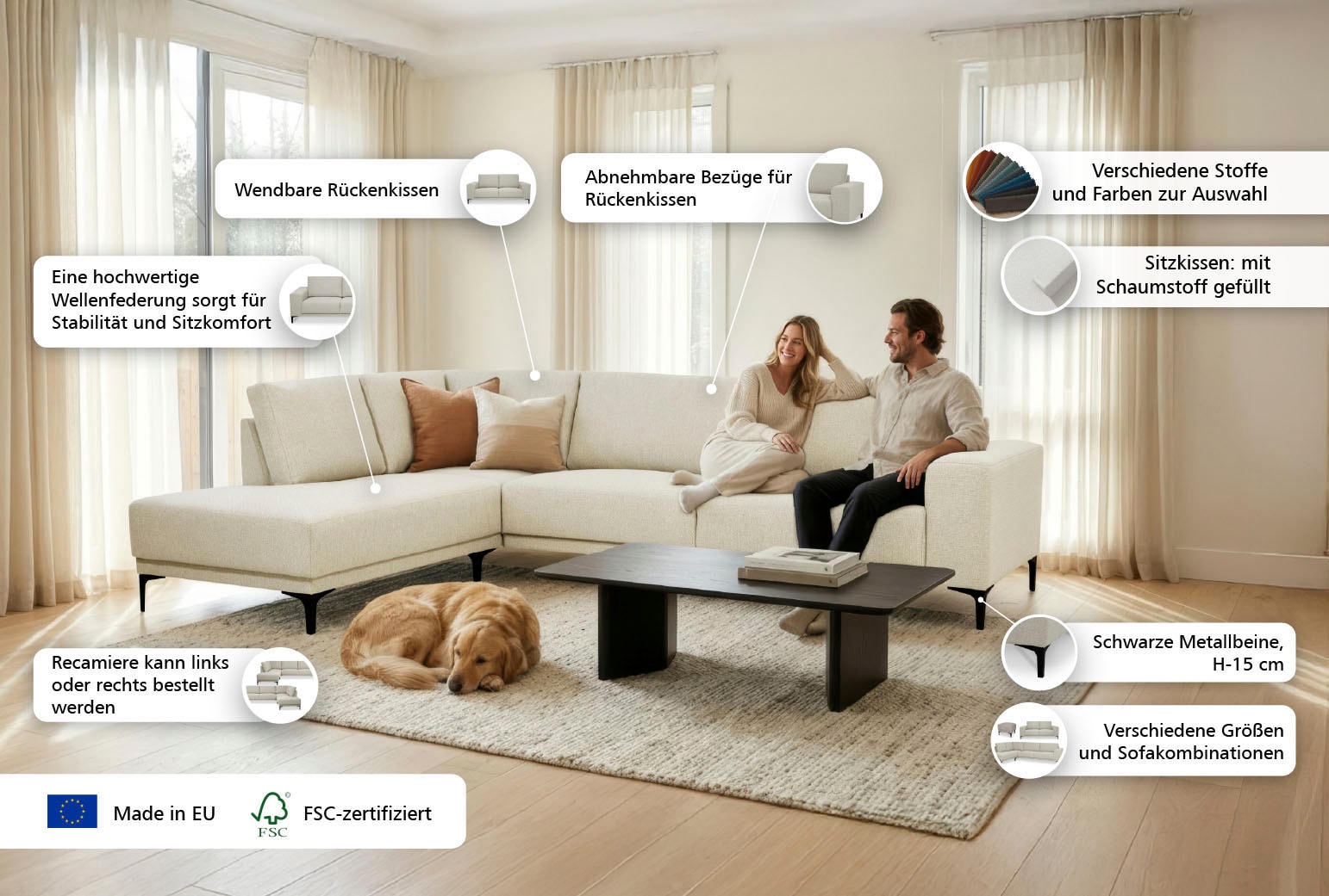 OTTO home Ecksofa »Xander, L-Form« Breite 289 cm, Webstoff, Soft-Touch Chenille, schwarze Metallfüße