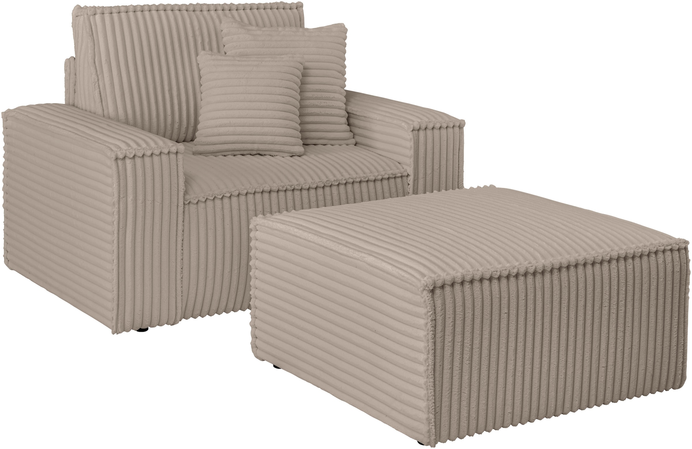 andas Loveseat »FINNLEY, Loveseat & Hocker im Set, trendige Stoffe, inkl. Zierkissen«, (2 St.), verfügbar in den Stoffqualitäten Bouclé, Struktur fein und Mega Cord