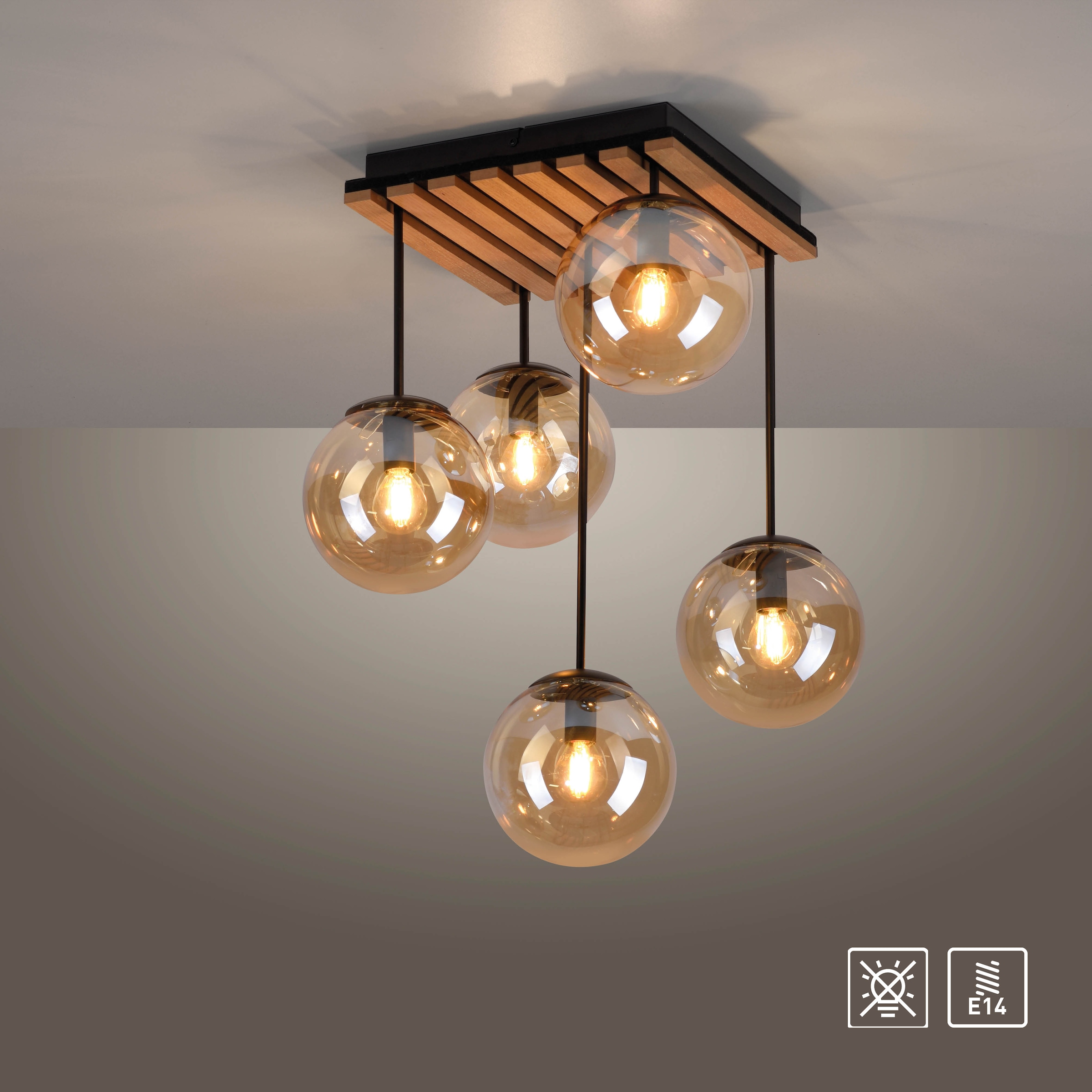 Leonique Deckenleuchte »Erinette Akustikpaneele mit Glaskugeln«, 5 flammig, Leuchtmittel E14 | ohne Leuchtmittel-Leuchtmittel wechselbar, Holz, Akustik, Paneele, Glas, Deckenlampe E14