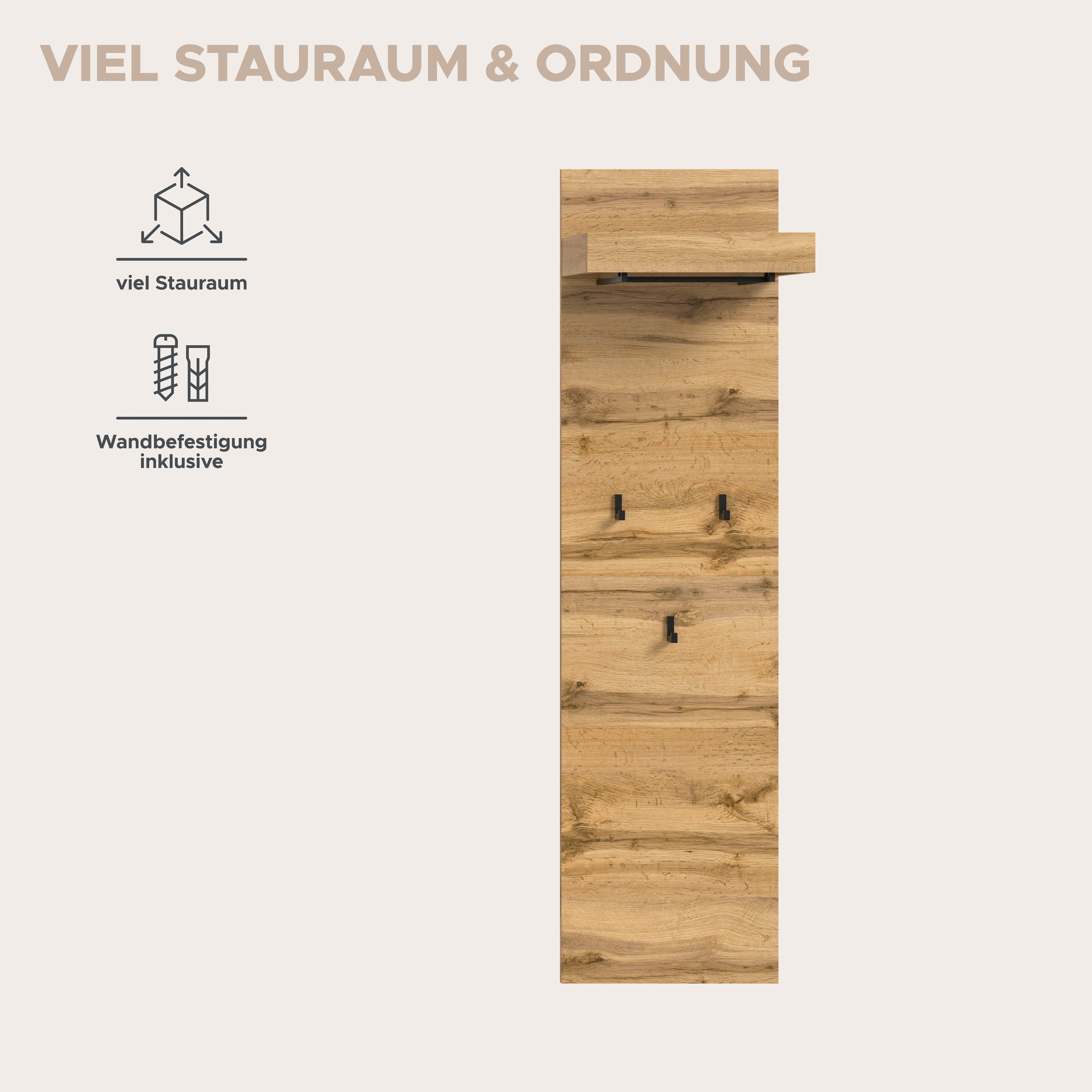 OTTO home Garderobenpaneel »MAMBO, TOPSELLER!, Höhe 150cm, 3 Haken, Ablageboden, Garderobenstange« individuell mit weiteren Artikeln der Serie MAMBO kombinierbar, 1 Stk. tlg. Paneel, Garderobe, Flur, Diele, Hakenleiste