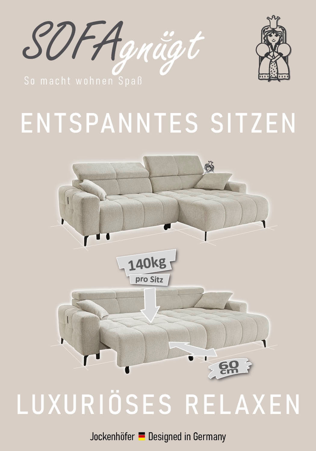 Jockenhöfer Gruppe Ecksofa »Racer L-Form, B: 290 cm, 60 cm elektrische Sitztiefenverstellung« USB-Ports, Kopfstützen verstellbar, Zierkissen, bis 140 kg/Sitz