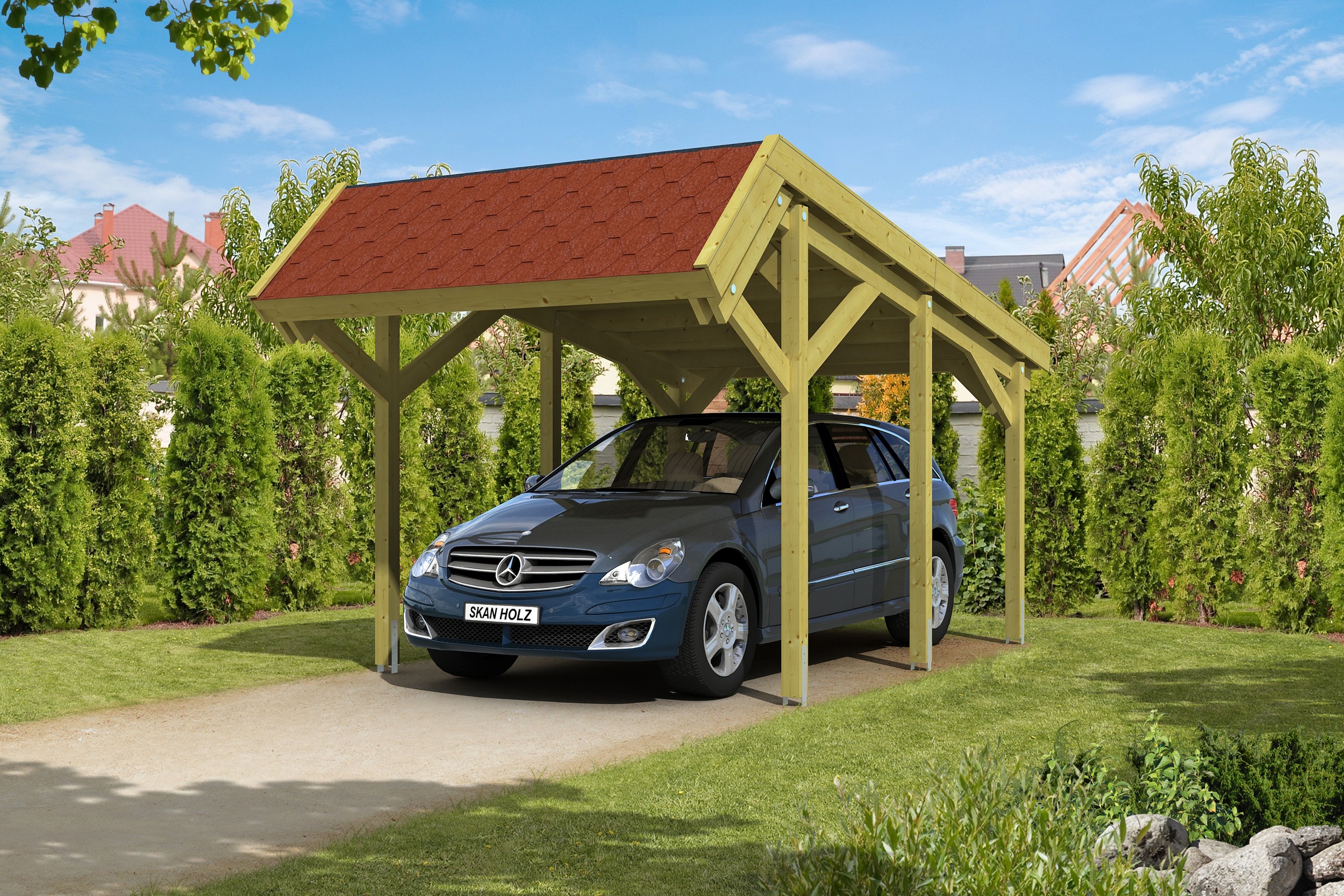 Skanholz Einzelcarport »Harz«, 291 cm, Grün, mit roten Dachschindeln