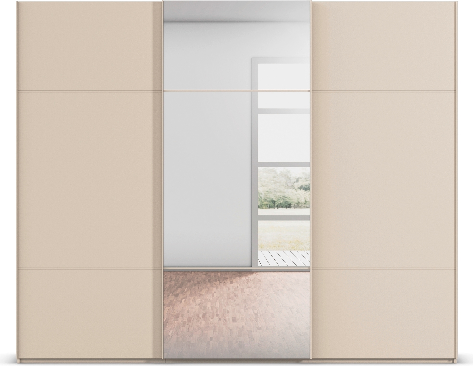 rauch Schwebetürenschrank »Kleiderschrank Schrank Garderobe Schlafzimmerschrank SCALE-TRIO«, edle dreigeteilte Front mit 2 Zierleisten und Spiegel MADE IN GERMANY