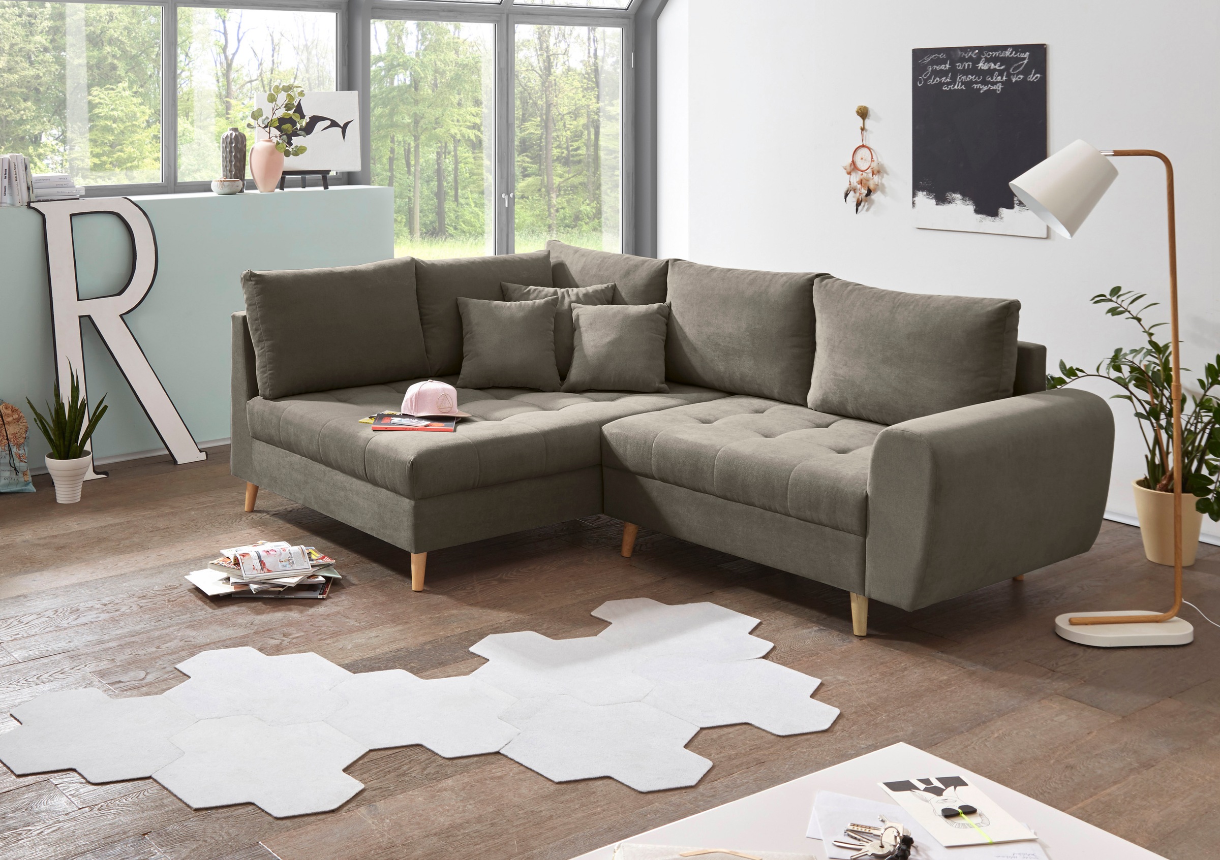 ED EXCITING DESIGN Ecksofa »Alice L-Form«, (Set), mit Hocker & 3 Zierkissen